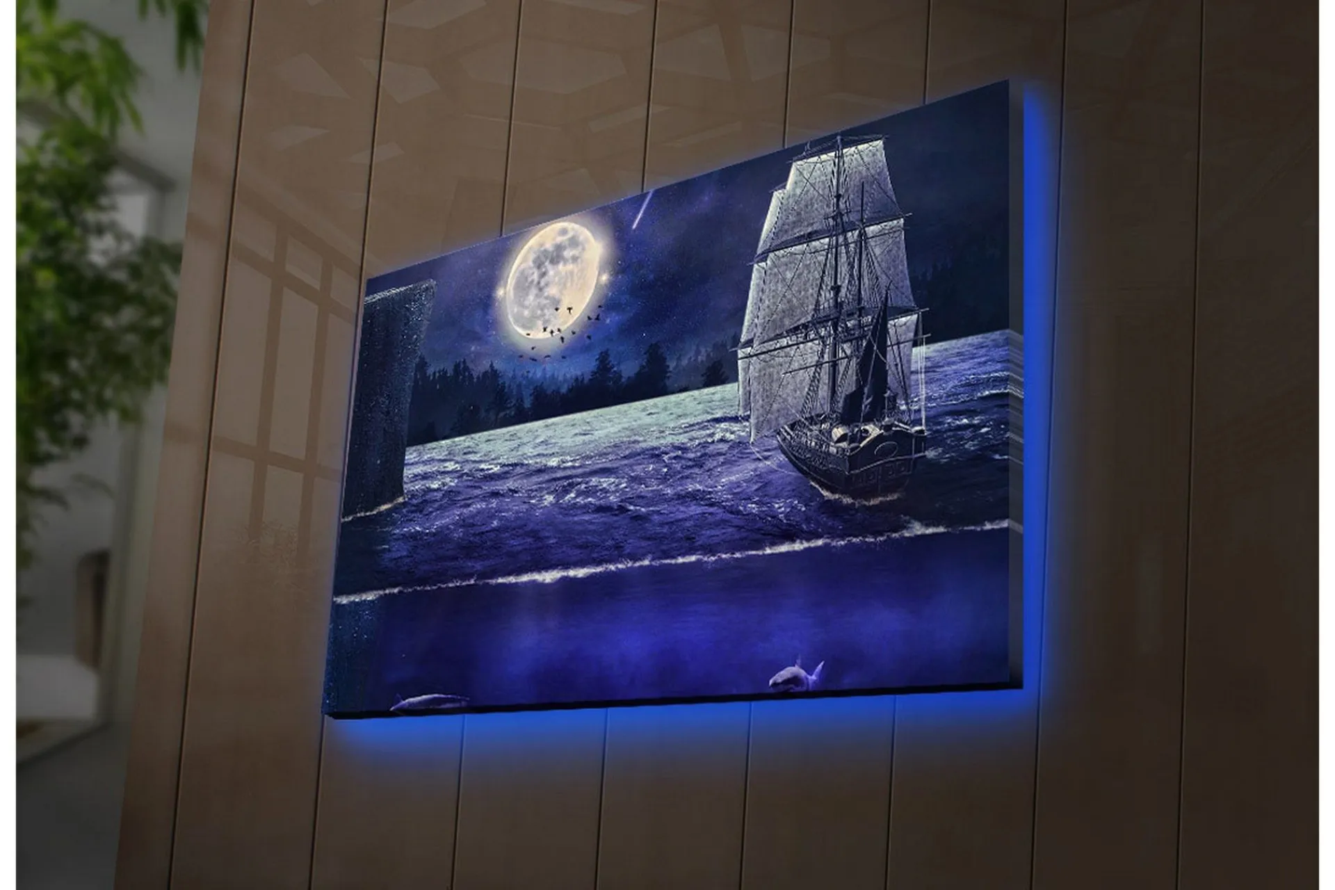 Lerretsbilde med LED-belysning 45x70 cm - Skip som seiler under fullmåne på en stjerneklar natt