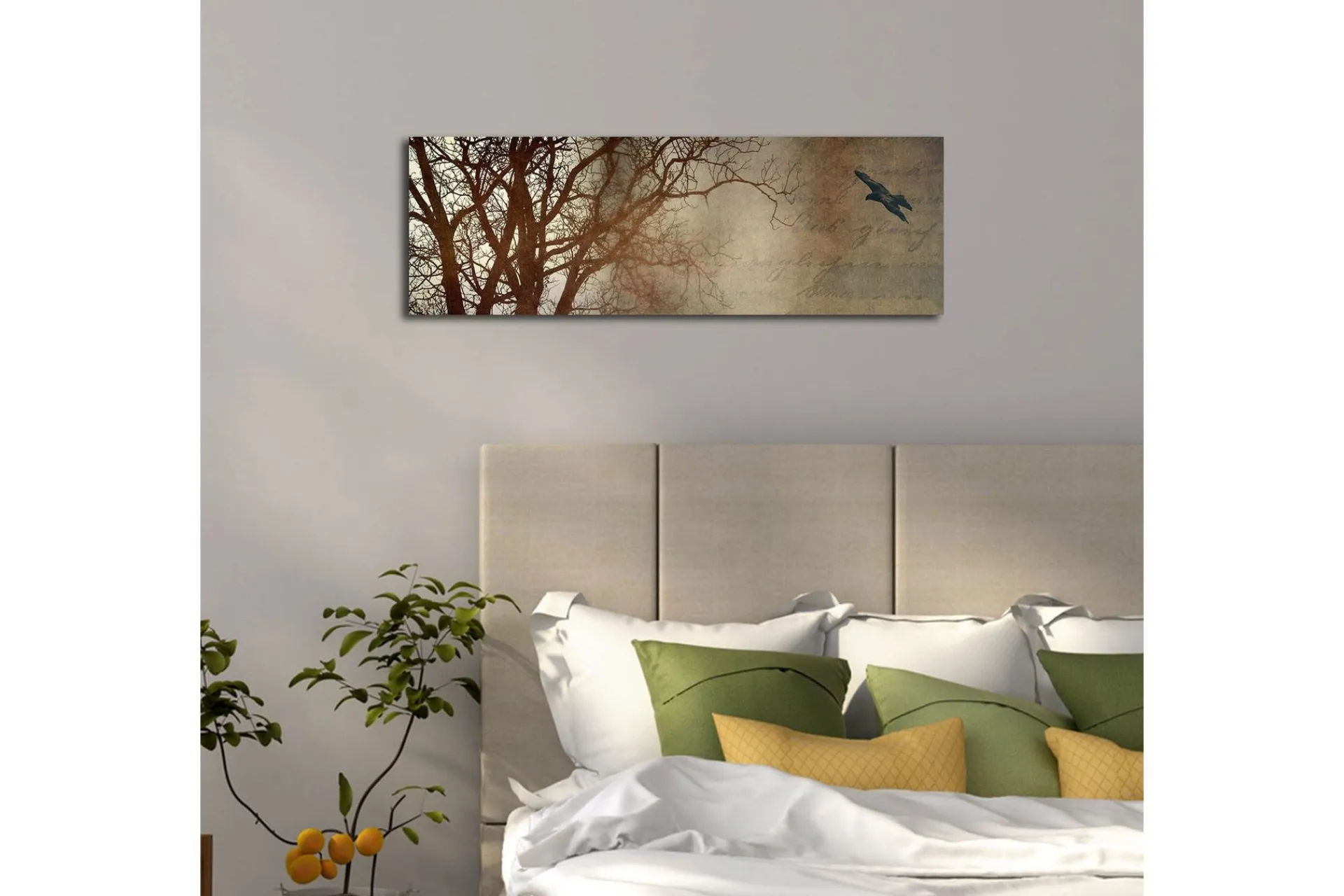Lerretsbilder|Lerretsbilder-Lerretsbilde med LED-belysning 30x90 cm - Silhuett av et tre med en fugl i flukt mot en mykt tonet bakgrunn Flerfärgad