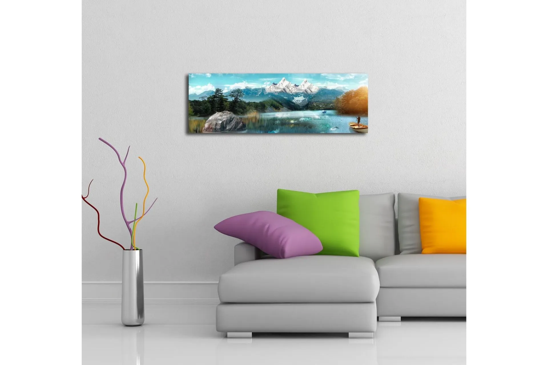 Lerretsbilder|Lerretsbilder-Lerretsbilde med LED-belysning 30x90 cm - Storslått fjellandskap med en fisker i en båt på en speilblank innsjø Flerfärgad