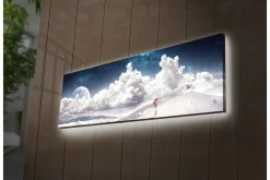 Lerretsbilder|Lerretsbilder-Lerretsbilde med LED-belysning 30x90 cm - Drømmeaktig landskap med en enslig figur som bærer en paraply i et snødekt miljø under en stjerneklar himmel Flerfärgad