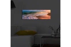 Lerretsbilde med LED-belysning 30x90 cm - Vakker strand med solnedgang og myke bølger