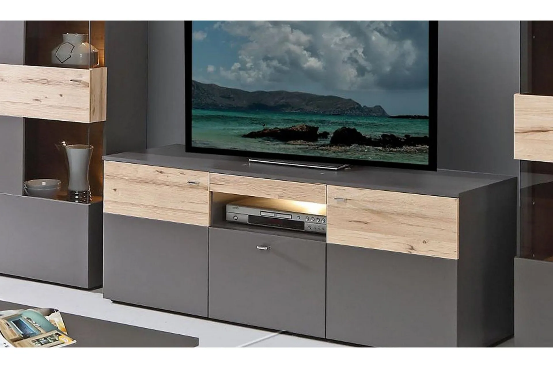 Tv-Benk & Mediabenk-Lianne TV-benk 150 cm 2 Dører Skuff inkl. Belysning Beige,Svart,Grey