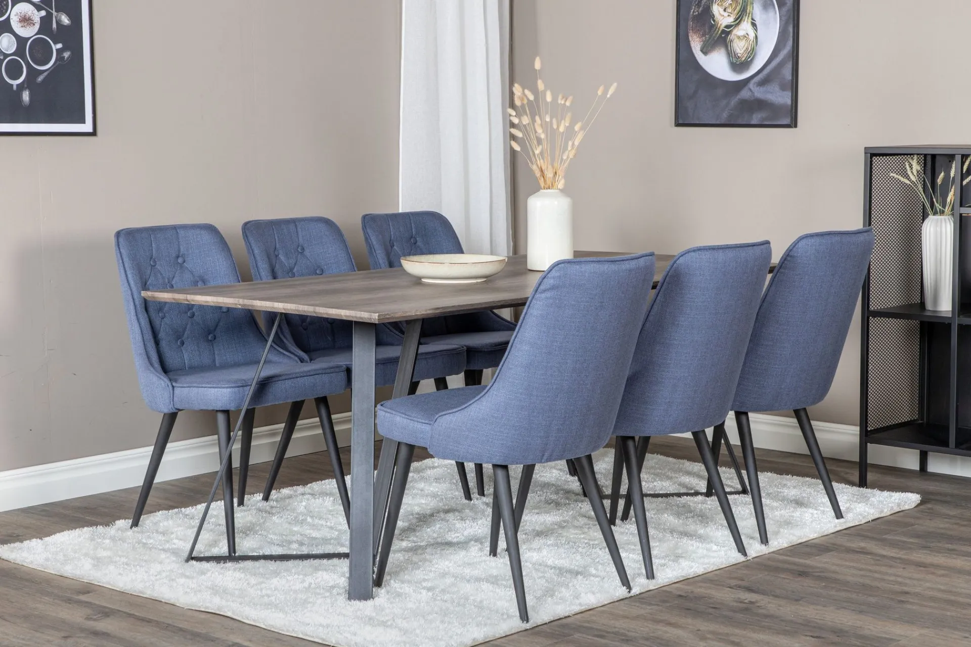 Venture Home Spisegrupper-Marina Spisegruppe 180 cm Rektangulær med 6 Velvet Stoler Svart,Blå,Grey