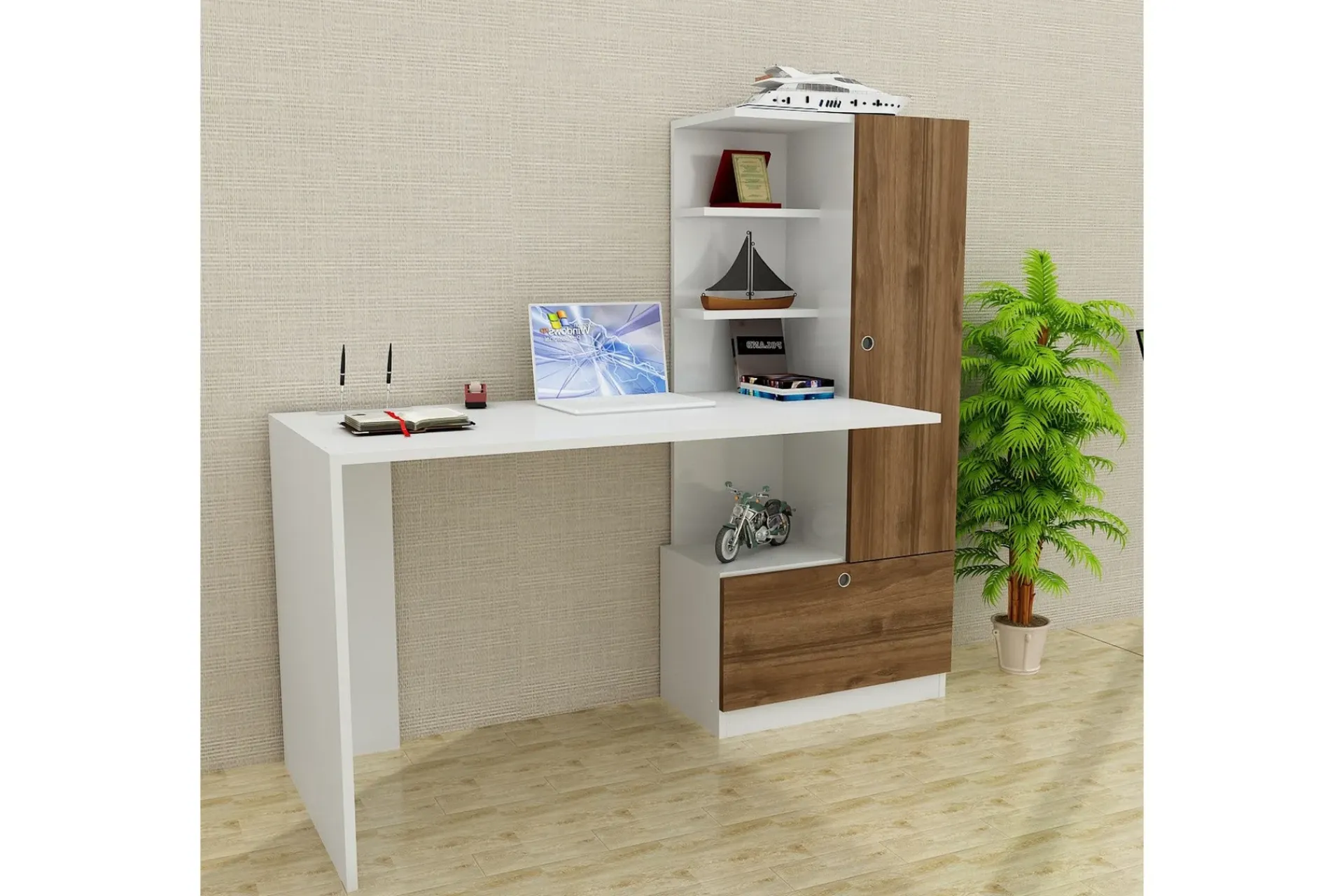 Kontorbord-Merinoz Skrivebord 150 cm med Oppbevaring Hyller + Skuff + S Brun,Hvit