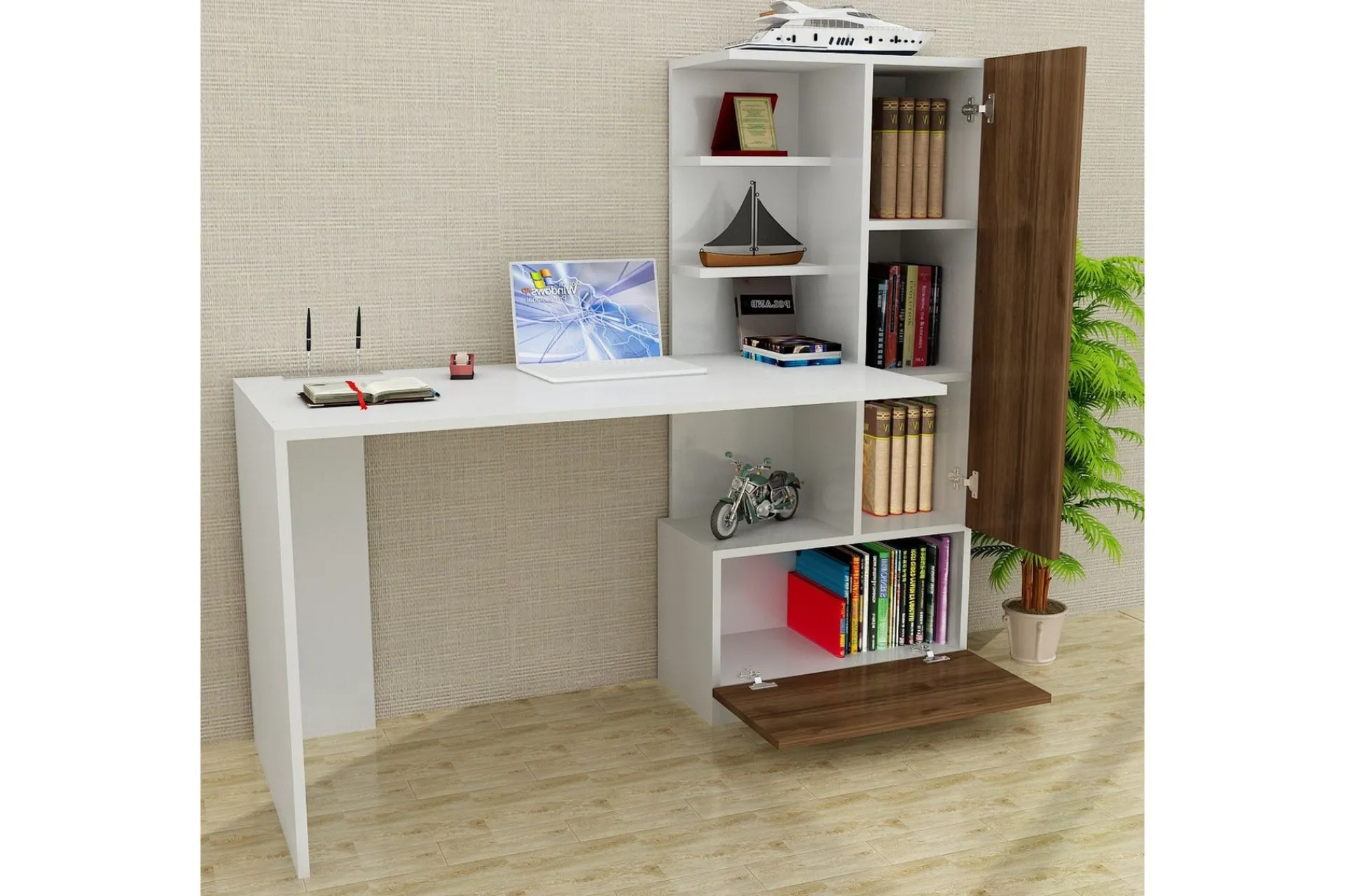 Kontorbord-Merinoz Skrivebord 150 cm med Oppbevaring Hyller + Skuff + S Brun,Hvit