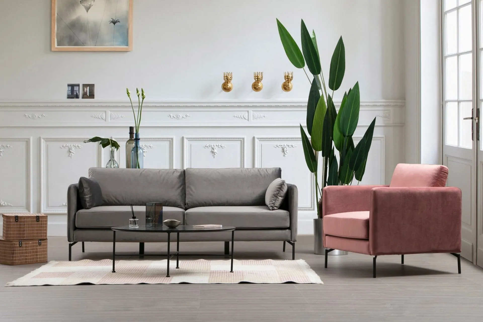 Velour Sofa & Fløyel Sofa-Mezonzo 3-seter Sofa Grey