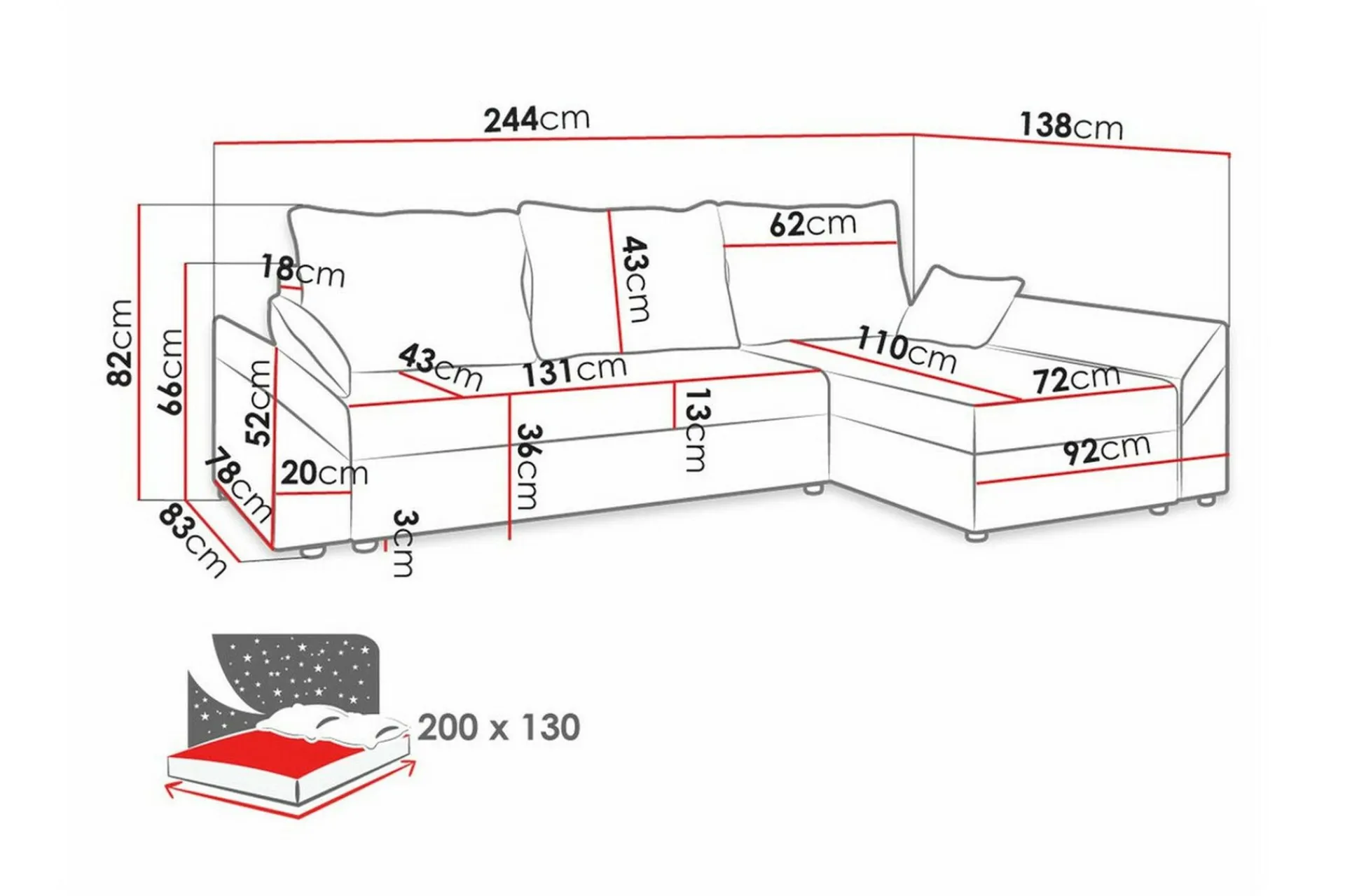 Midfeld 3-sits Hörnbäddsoffa Black
