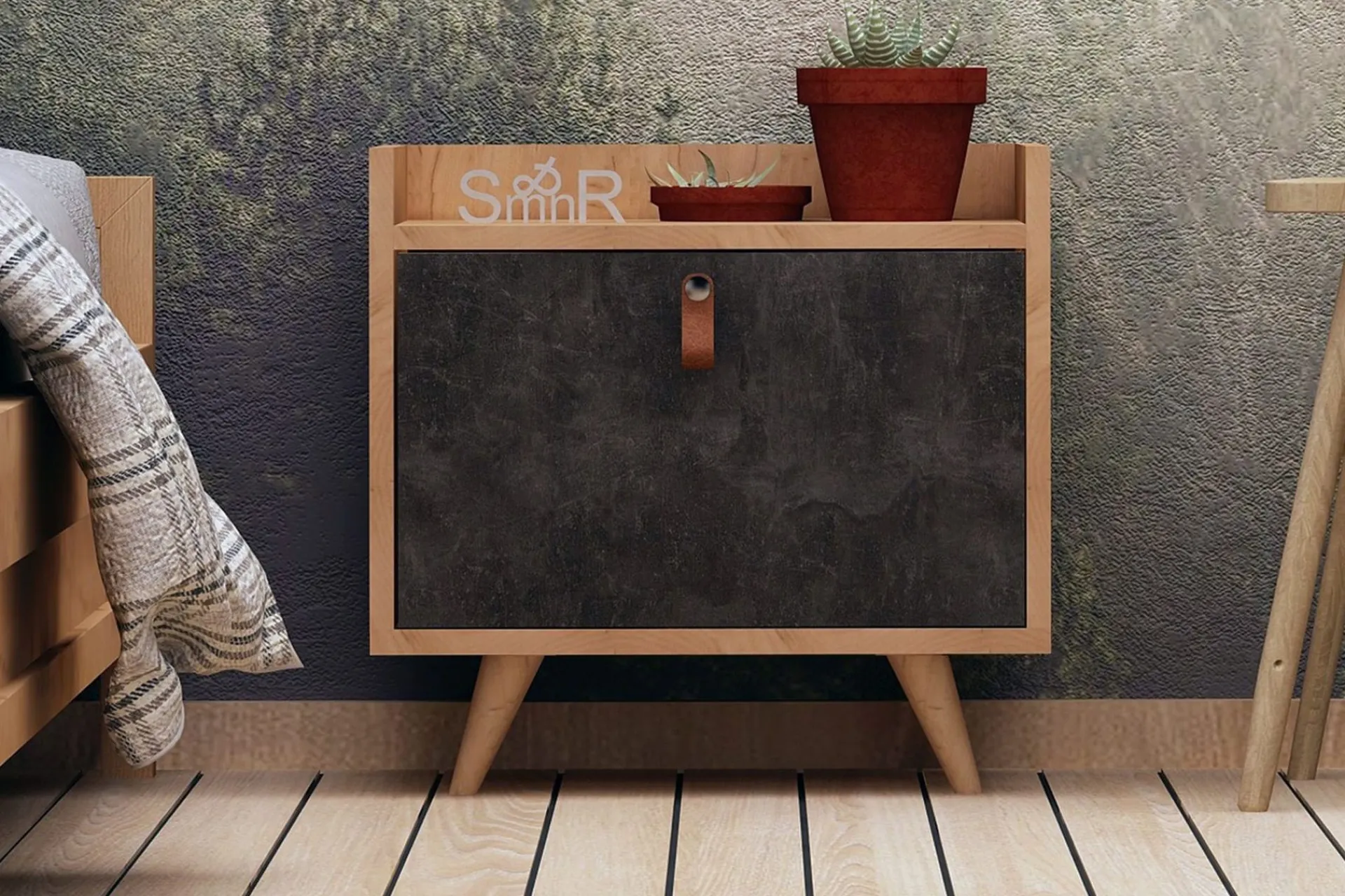 Avlastningsbord-Mod Design Nattbord 50 cm med Oppbevaring Skap Lærbeslag Brun,Grey
