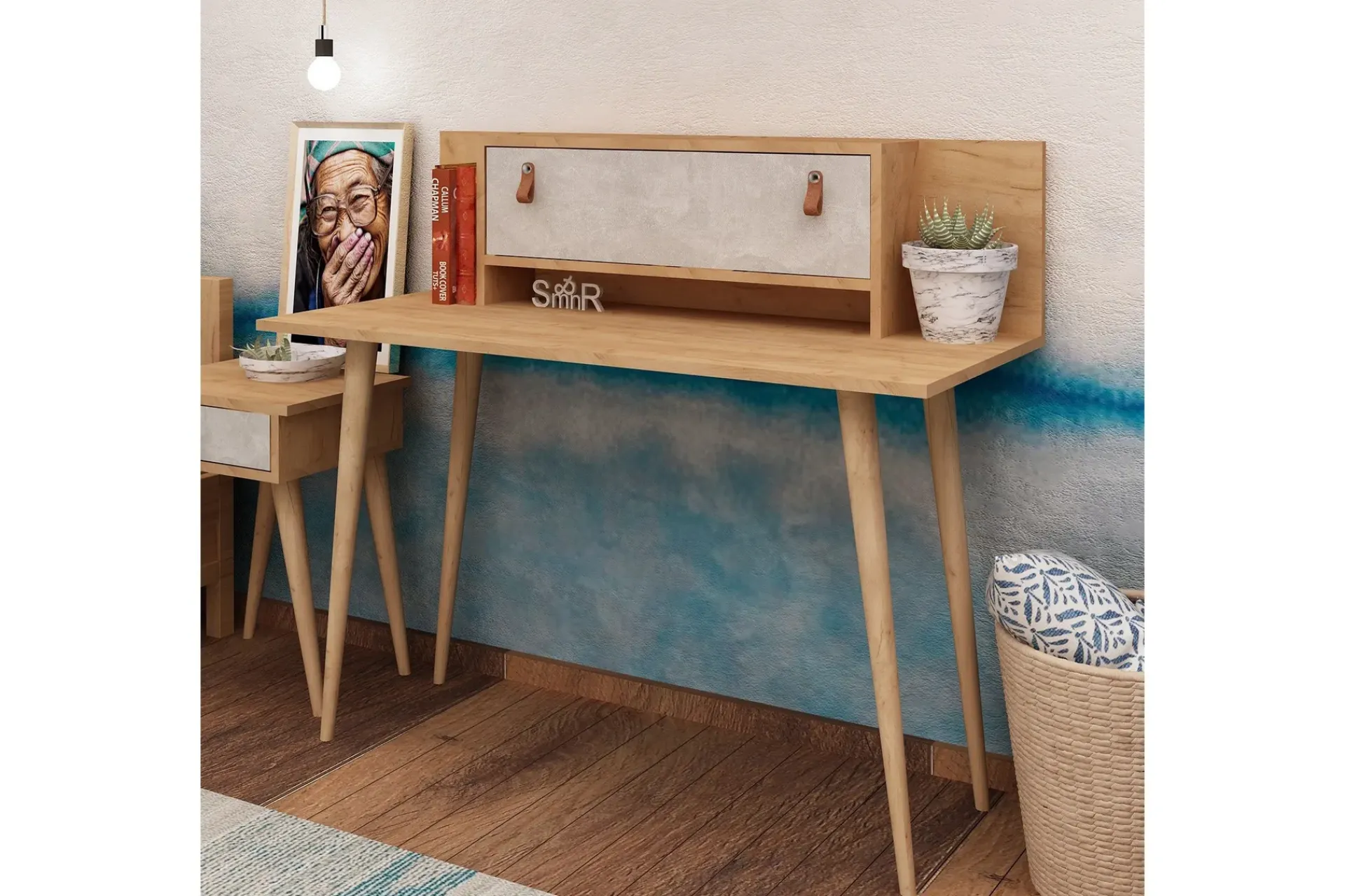 Kontorbord-Mod Design Skrivebord 120 cm med Oppbevaring Hylle+Luke Lærb Brun,Hvit
