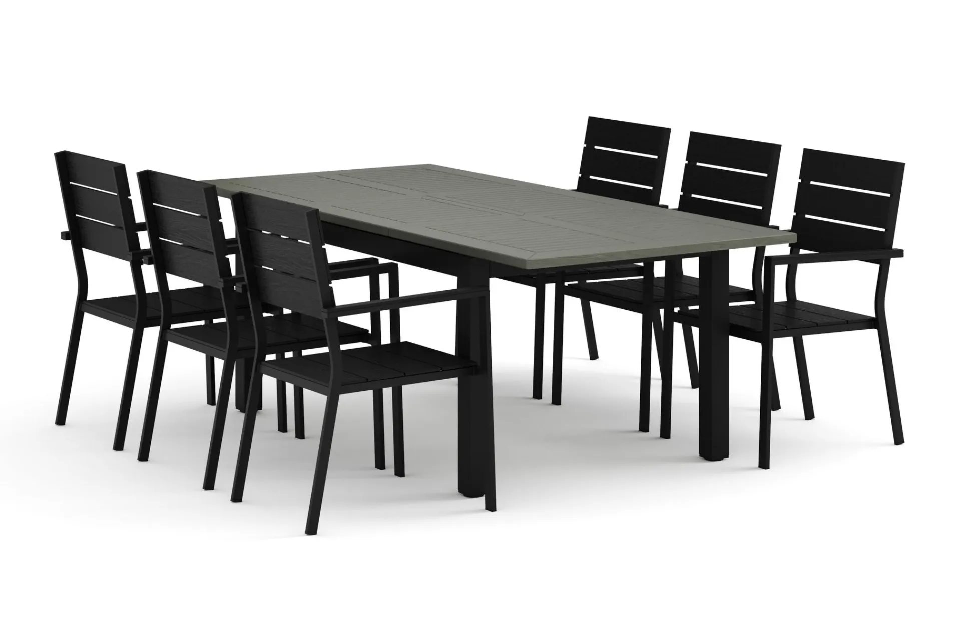 Comfort Garden Monaco utendørs spisegruppe uttrekkbar 150–250x90 med 6 Tunis stablebare stoler
