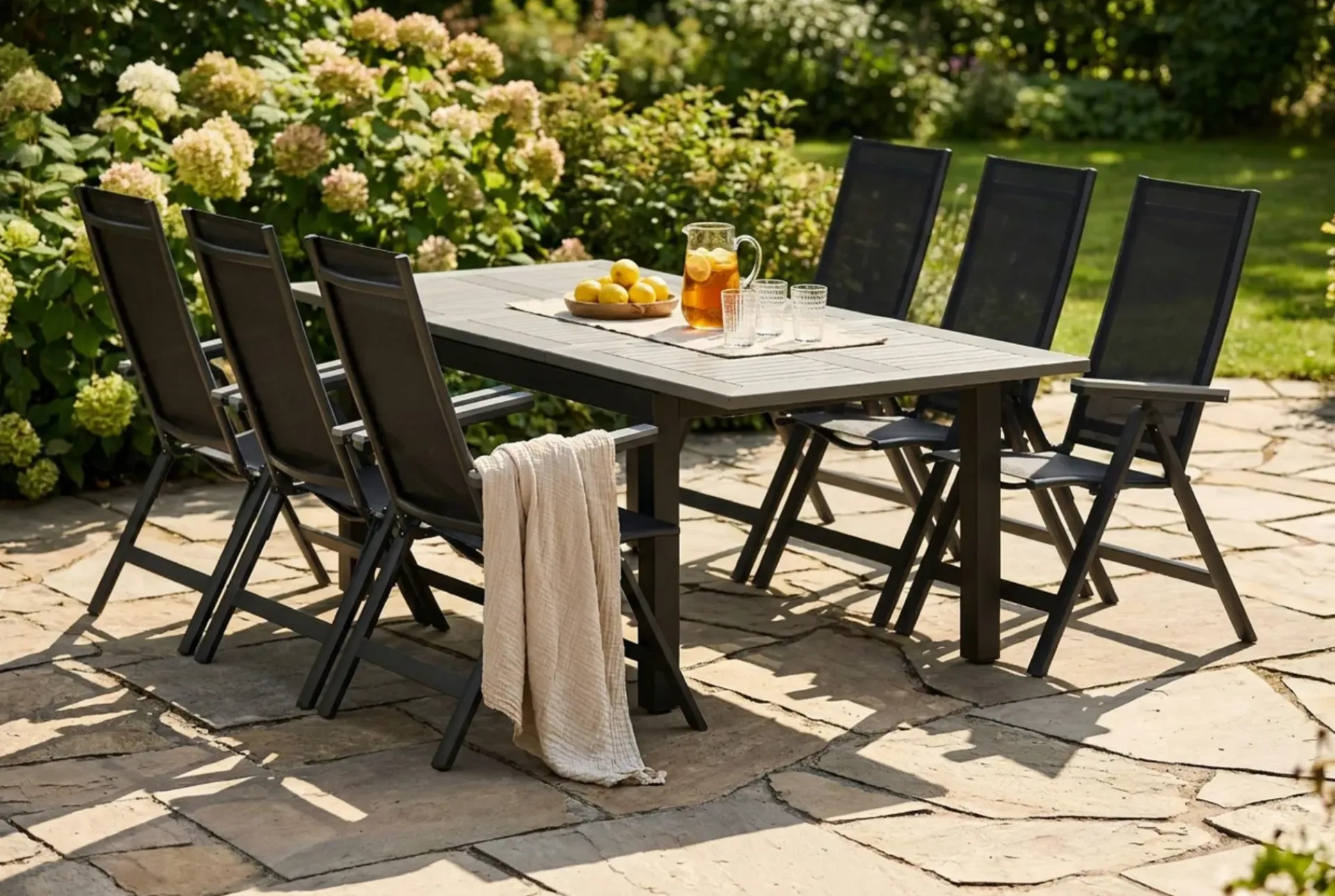 Comfort Garden Spisegrupper Hage|Cafesett-Monaco utendørs spisegruppe, uttrekkbar 150–250x90 med 6 Monaco Light regulerbare stoler