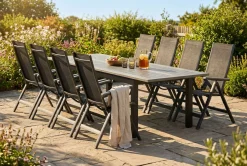 Comfort Garden Monaco utendørs spisegruppe, uttrekkbar 150–250x90 med 4 Maggie regulerbare stoler