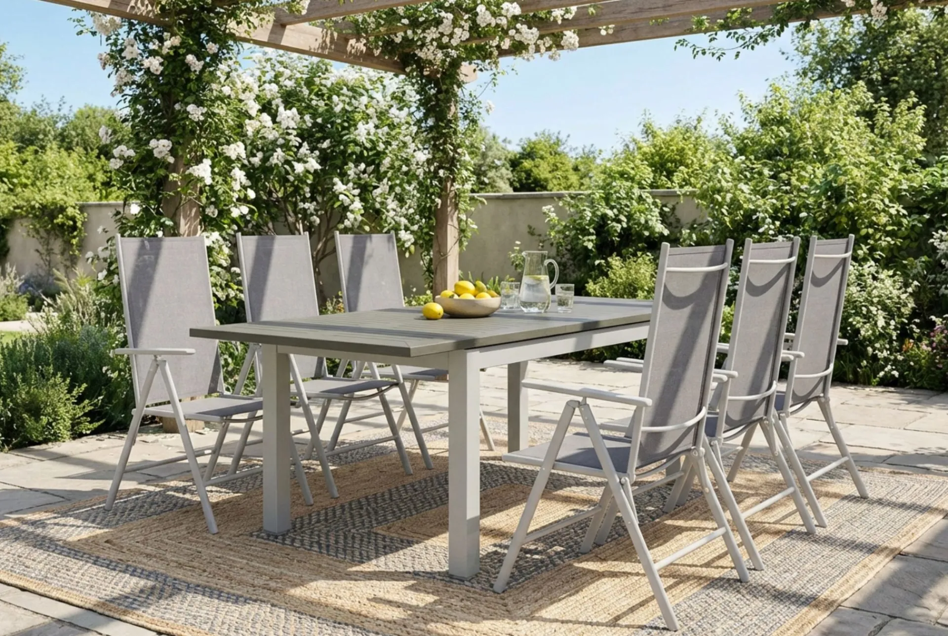 Comfort Garden Spisegrupper Hage-Monaco utendørs spisegruppe uttrekkbar 150–250x90 med 6 Maggie regulerbare stoler