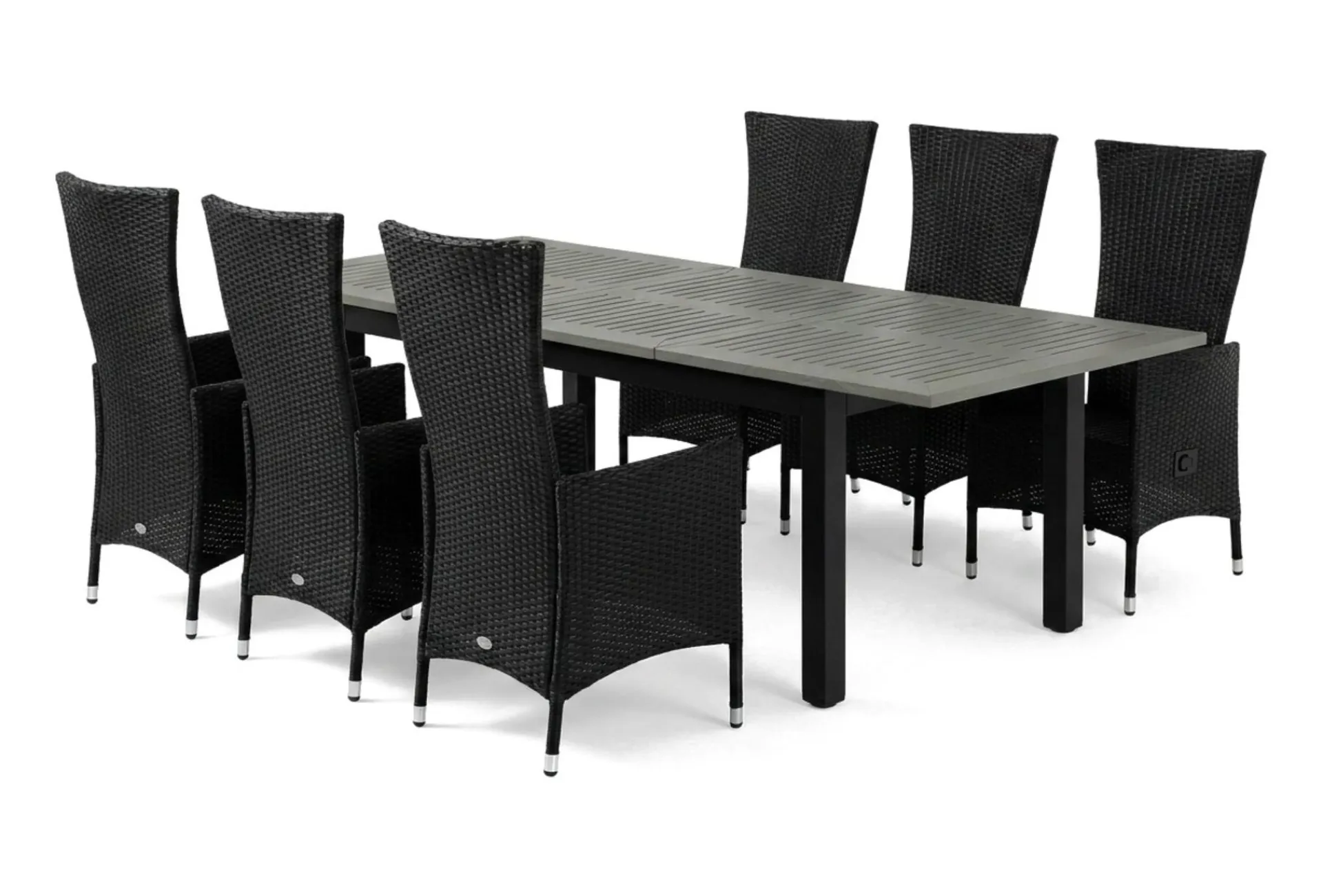 Comfort Garden Spisegrupper Hage-Monaco uttrekkbar utendørs spisegruppe inkl. ileggsplate 150–250 cm med 6 Jenny regulerbar spisestol Svart