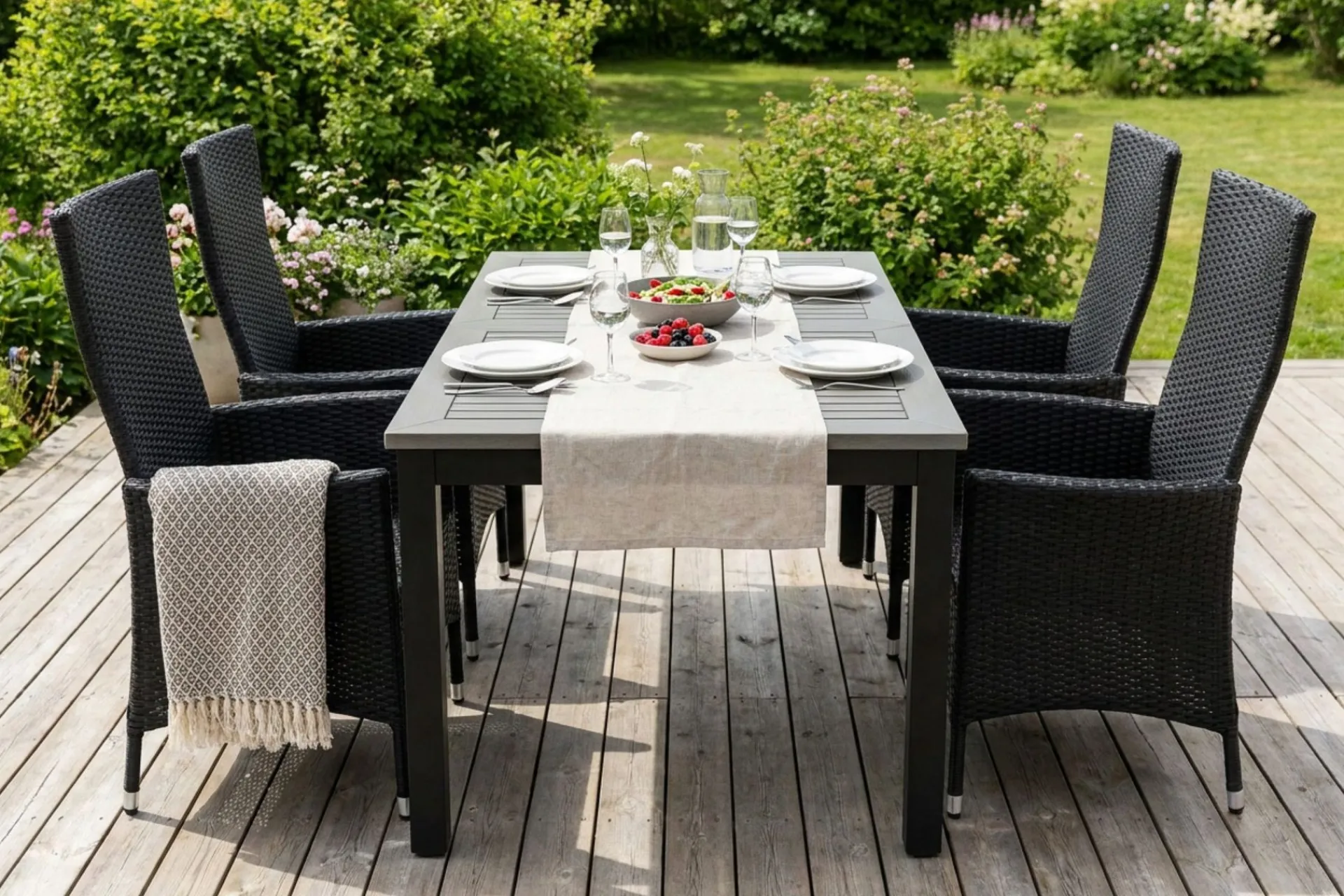 Comfort Garden Spisegrupper Hage-Monaco uttrekkbar utendørs spisegruppe inkl. ileggsplate 150–250 cm med 4 Jenny regulerbar spisestol Svart