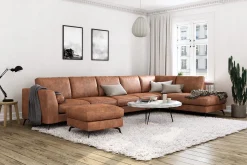 Scandinavian Choice Ocean Lyx 6-seters Høyrevendt U-formet Sofa med Divan og Sjeselong + Fotskammel i Kunstlær