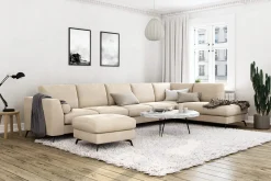 Scandinavian Choice Velour Sofa & Fløyel Sofa-Ocean Lyx 6-seters Høyrevendt U-formet Sofa med Divan og Sjeselong + Fotskammel i Fløyel Beige