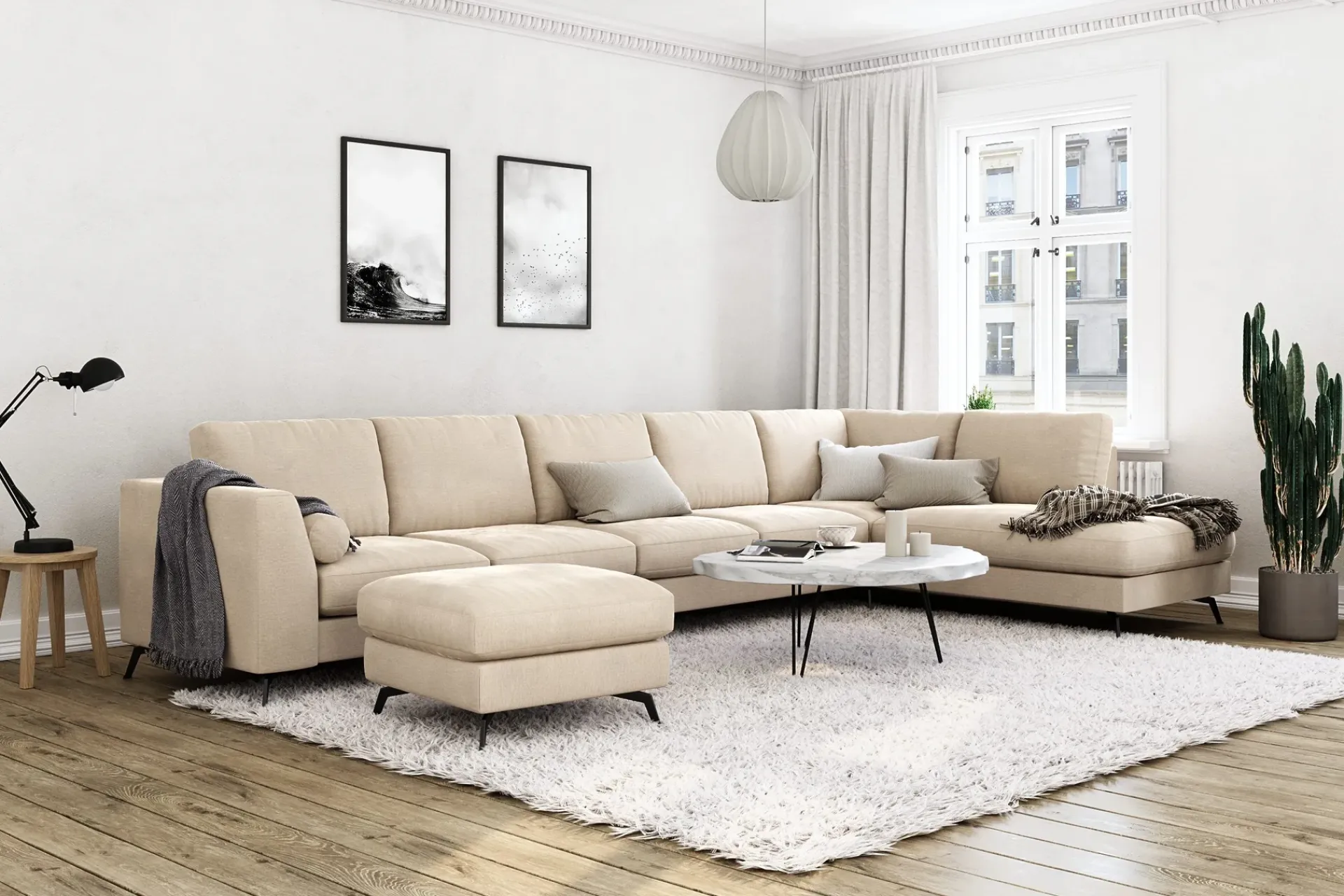 Scandinavian Choice Velour Sofa & Fløyel Sofa-Ocean Lyx 6-seters Høyrevendt U-formet Sofa med Divan og Sjeselong + Fotskammel i Fløyel Beige