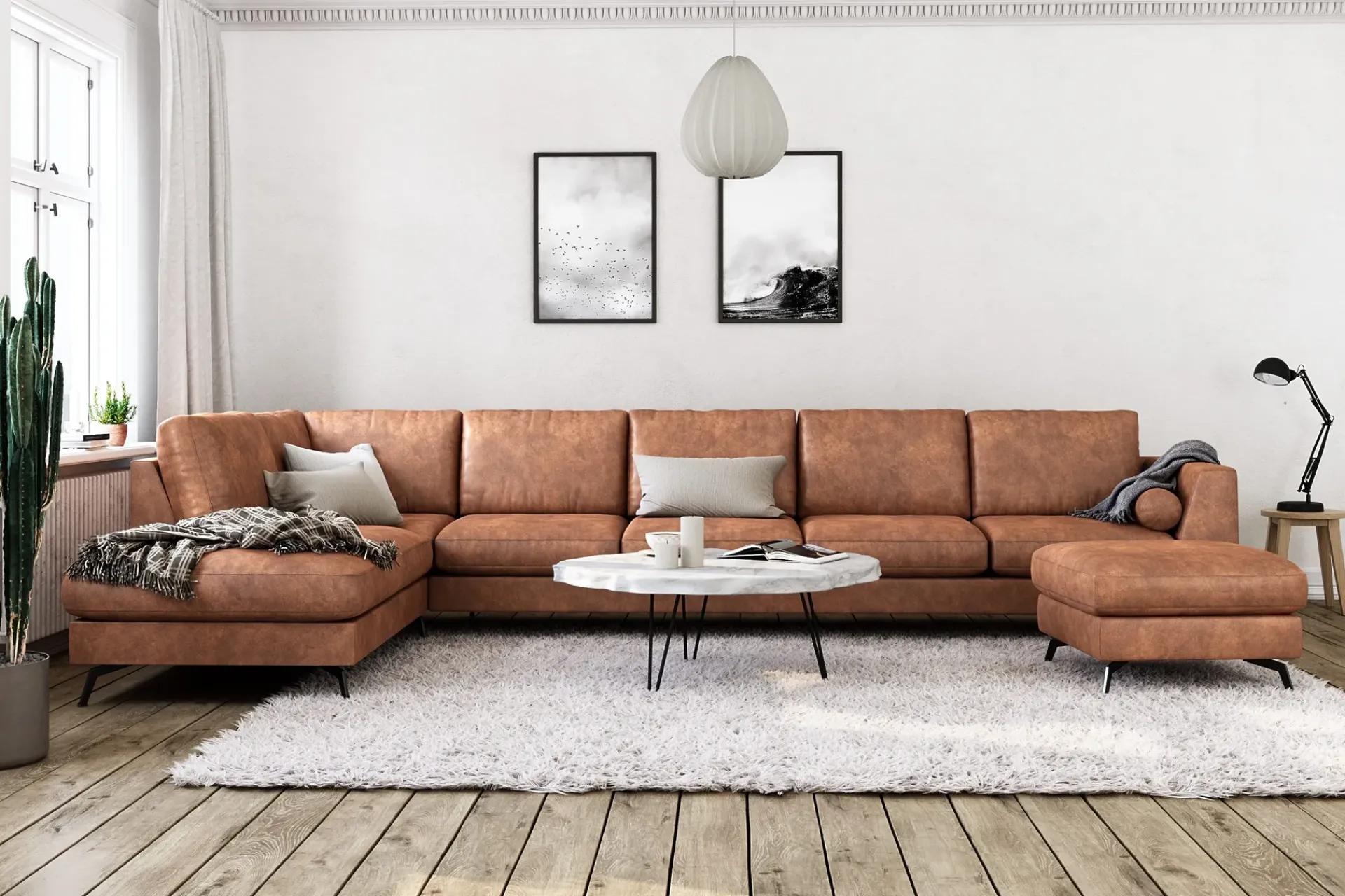 Scandinavian Choice Sofa Med Sjeselong-Ocean Lyx 6-seters Venstrevendt U-formet Sofa med Divan og Sjeselong + Fotskammel i Kunstlær Brun