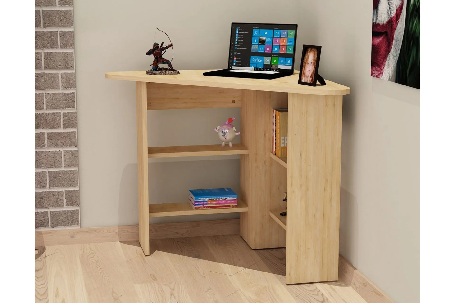 Kontorbord-Oderzo Hjørneskrivebord 80 cm med Oppbevaringshyller Blå,Tre/Natur