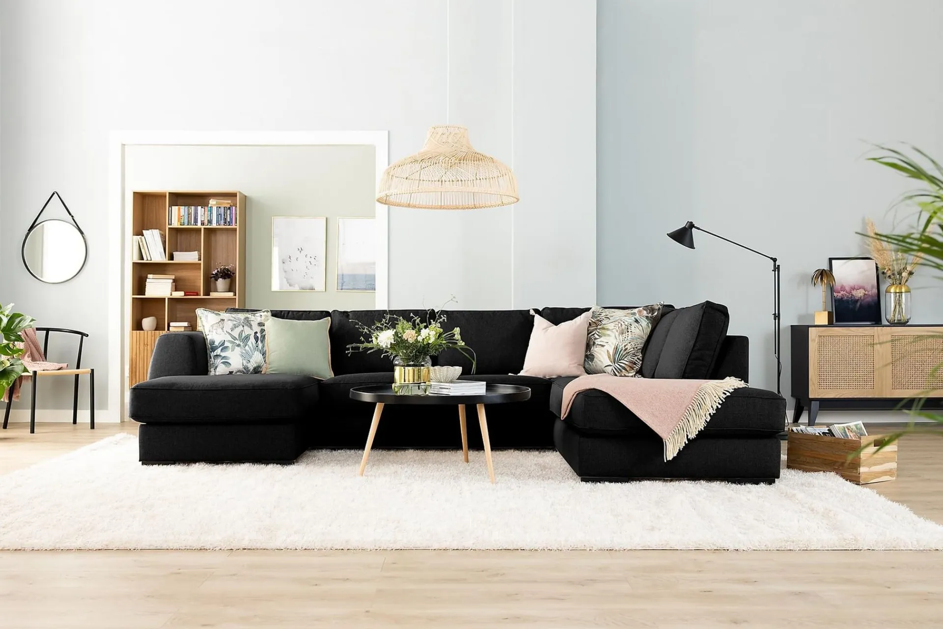 Scandinavian Choice Sofa Med Sjeselong-Optus 3-seters Vendbar L-formet Sjeselongsofa i Stoff Svart