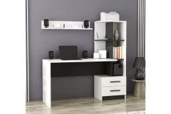 Kontorbord-Puijas Skrivebord 120 cm med Oppbevaring Skuff+Hyller+Vegghy Svart,Hvit