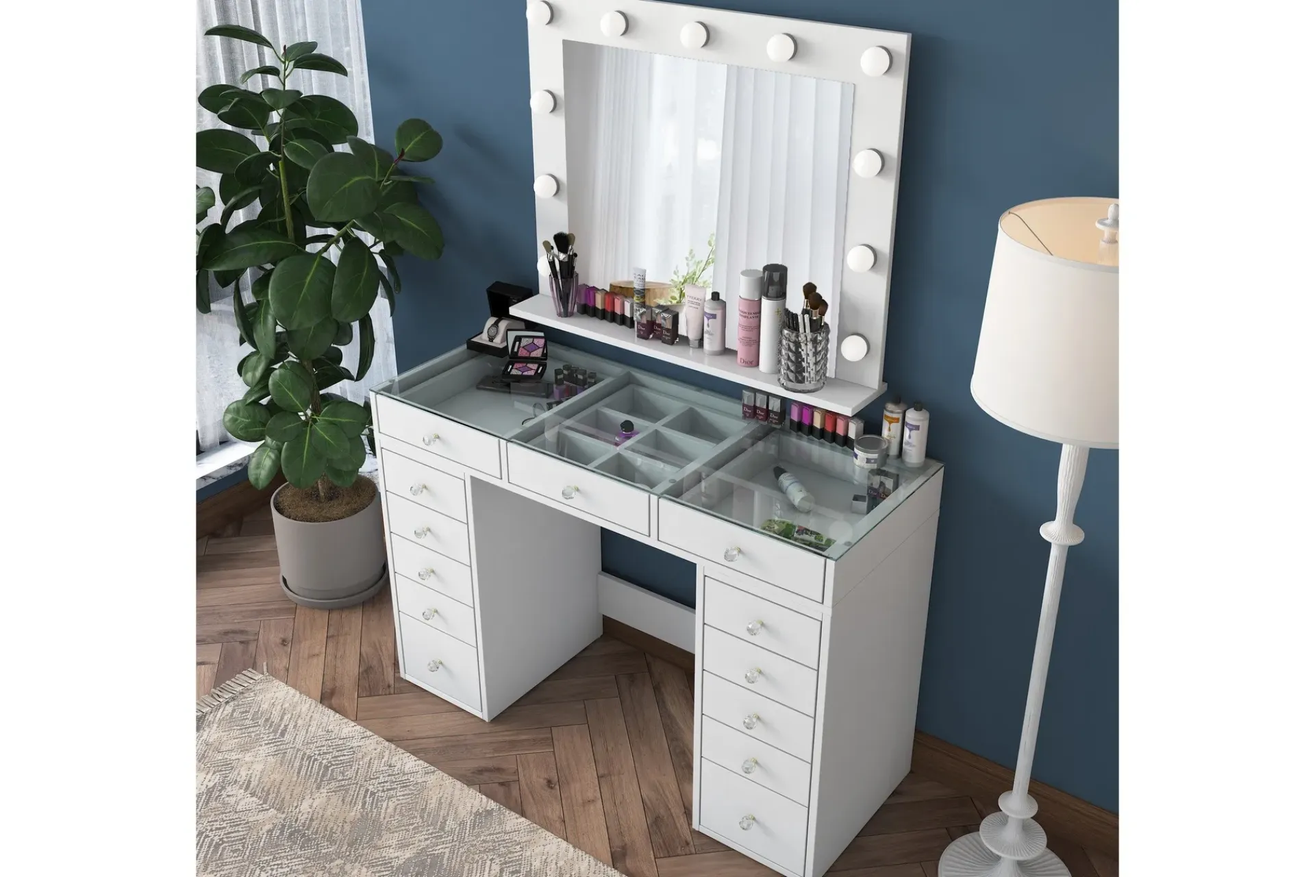 Sminkebord & Toalettbord-Ramender Stort Sminkebord med speil og lys med oppbevaring Glass