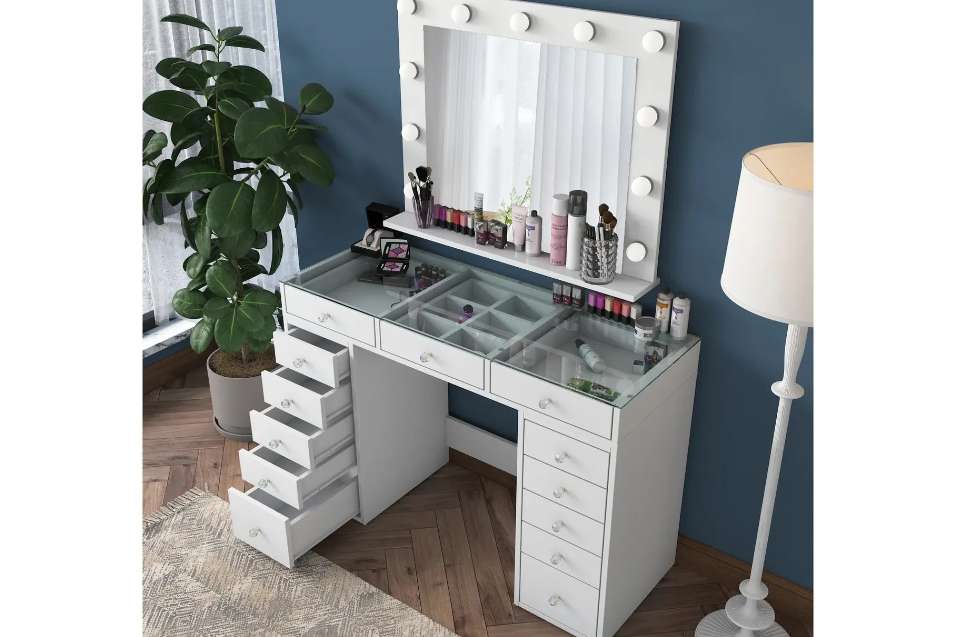 Sminkebord & Toalettbord-Ramender Stort Sminkebord med speil og lys med oppbevaring Glass