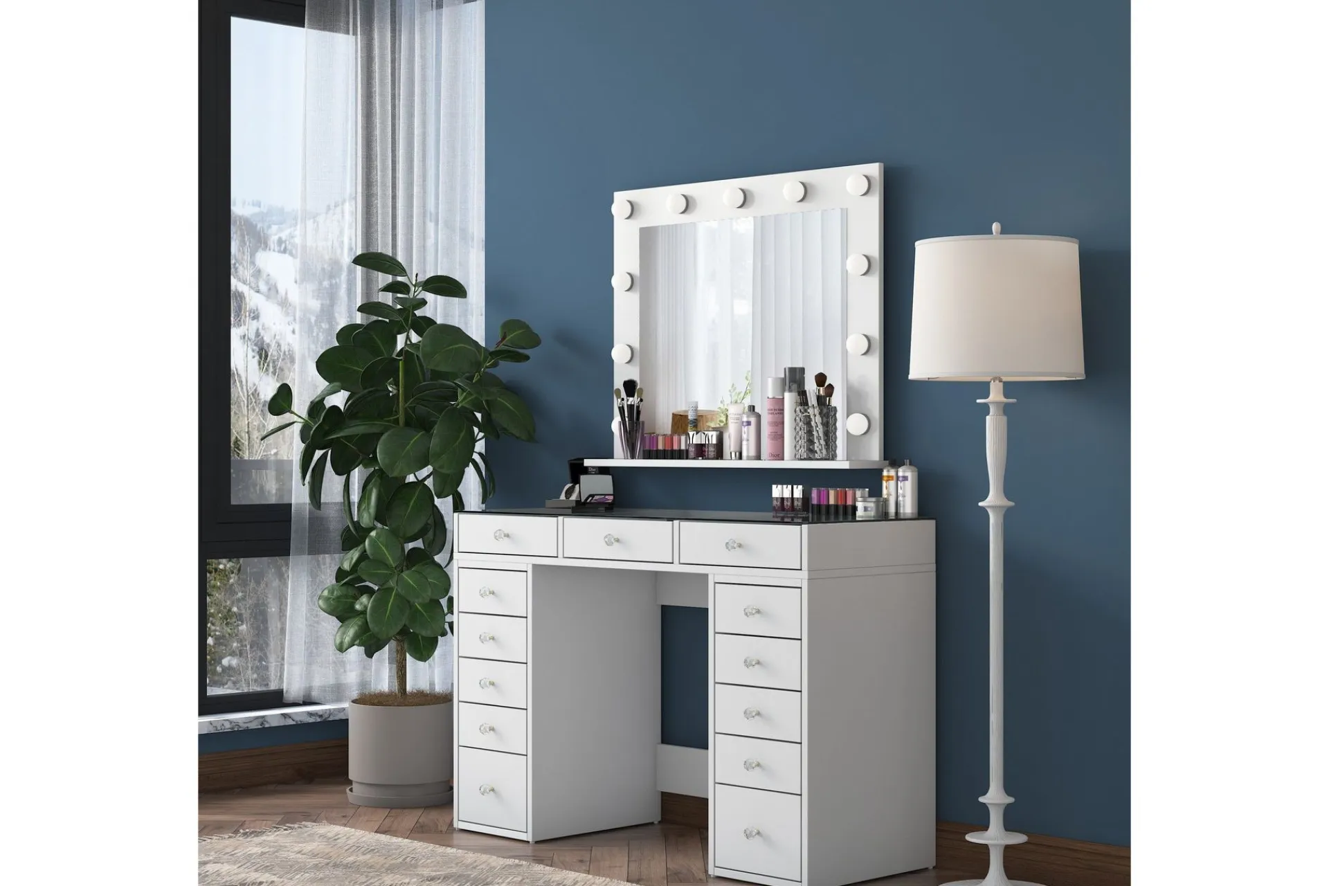 Sminkebord & Toalettbord-Ramender Stort Sminkebord med speil og lys med oppbevaring Glass