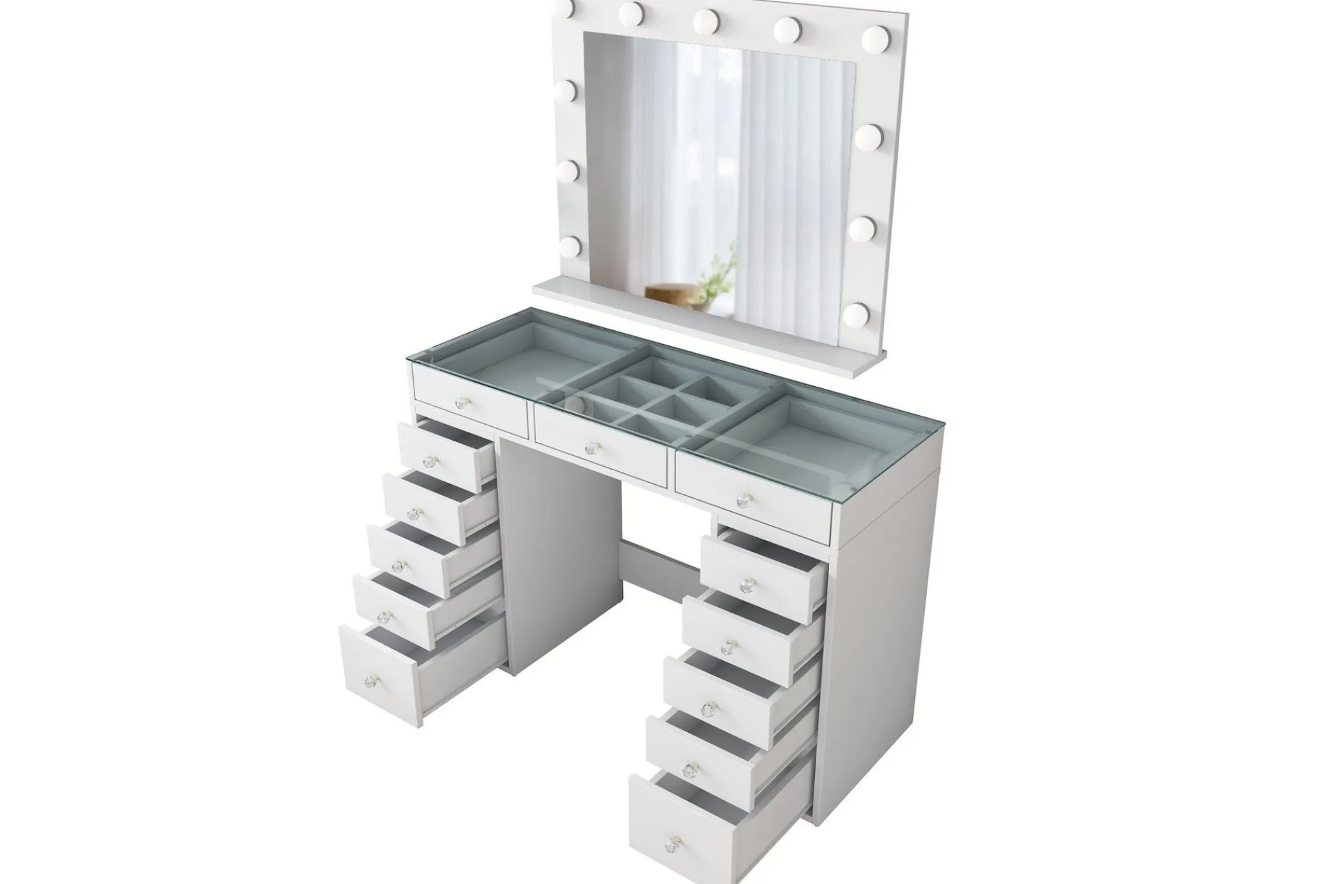 Sminkebord & Toalettbord-Ramender Stort Sminkebord med speil og lys med oppbevaring Glass