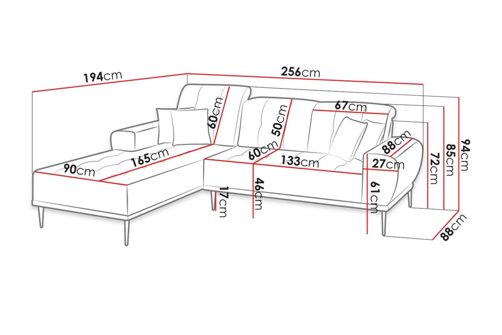Rapale 3-seters Sofa med Divan Venstre med Puter