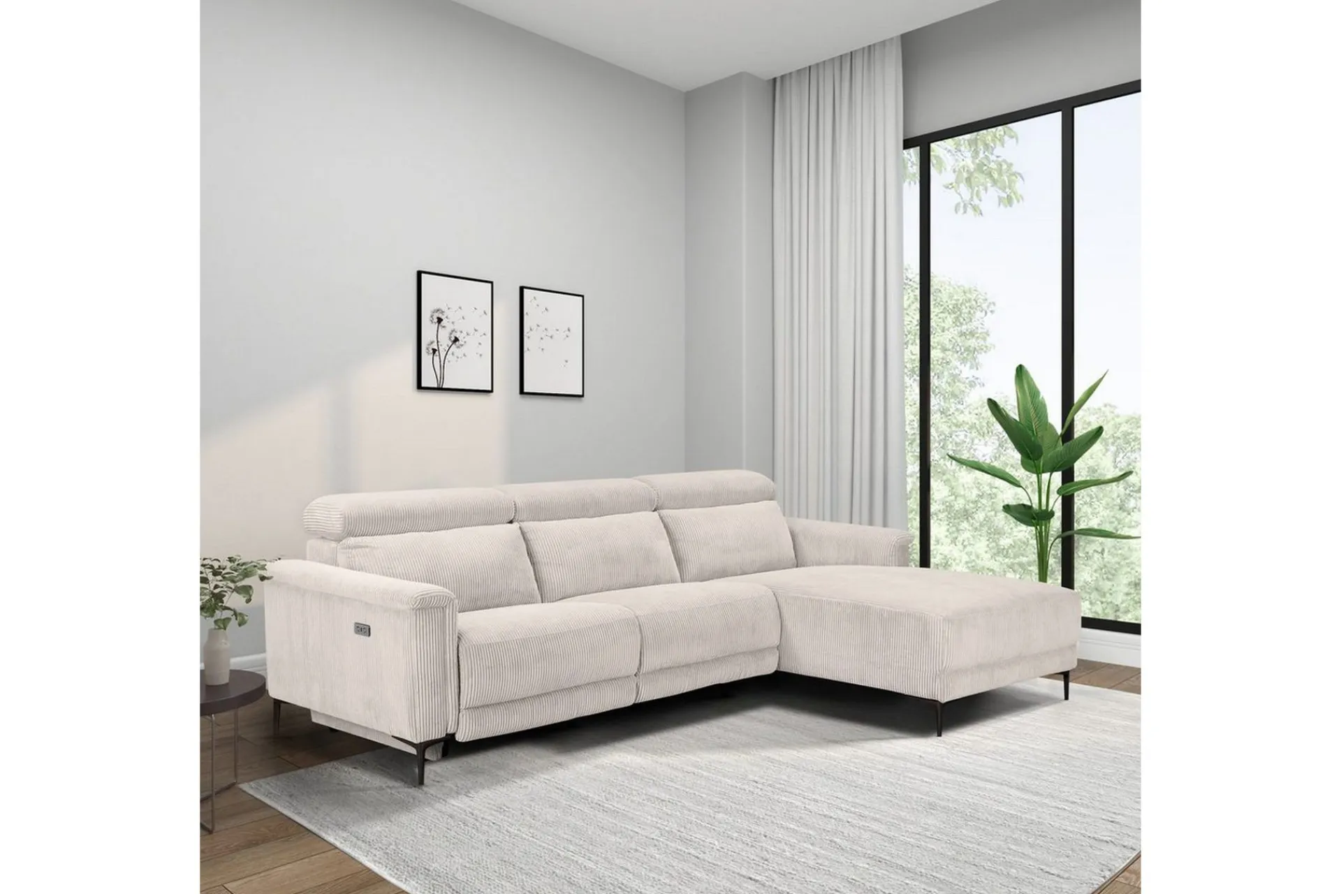 Loft24 Hjørnesofa-Reclinersofa med hjørne Hjørnesofa Lund med elektrisk recliner Hvit Høyrevendt White
