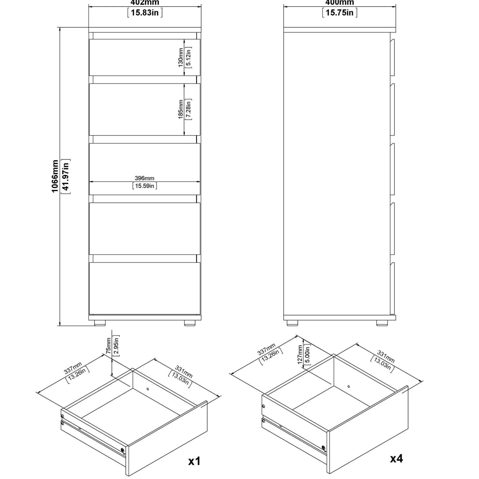 Tvilum Rengo Kommode med 5 skuffer 40x40x107 cm