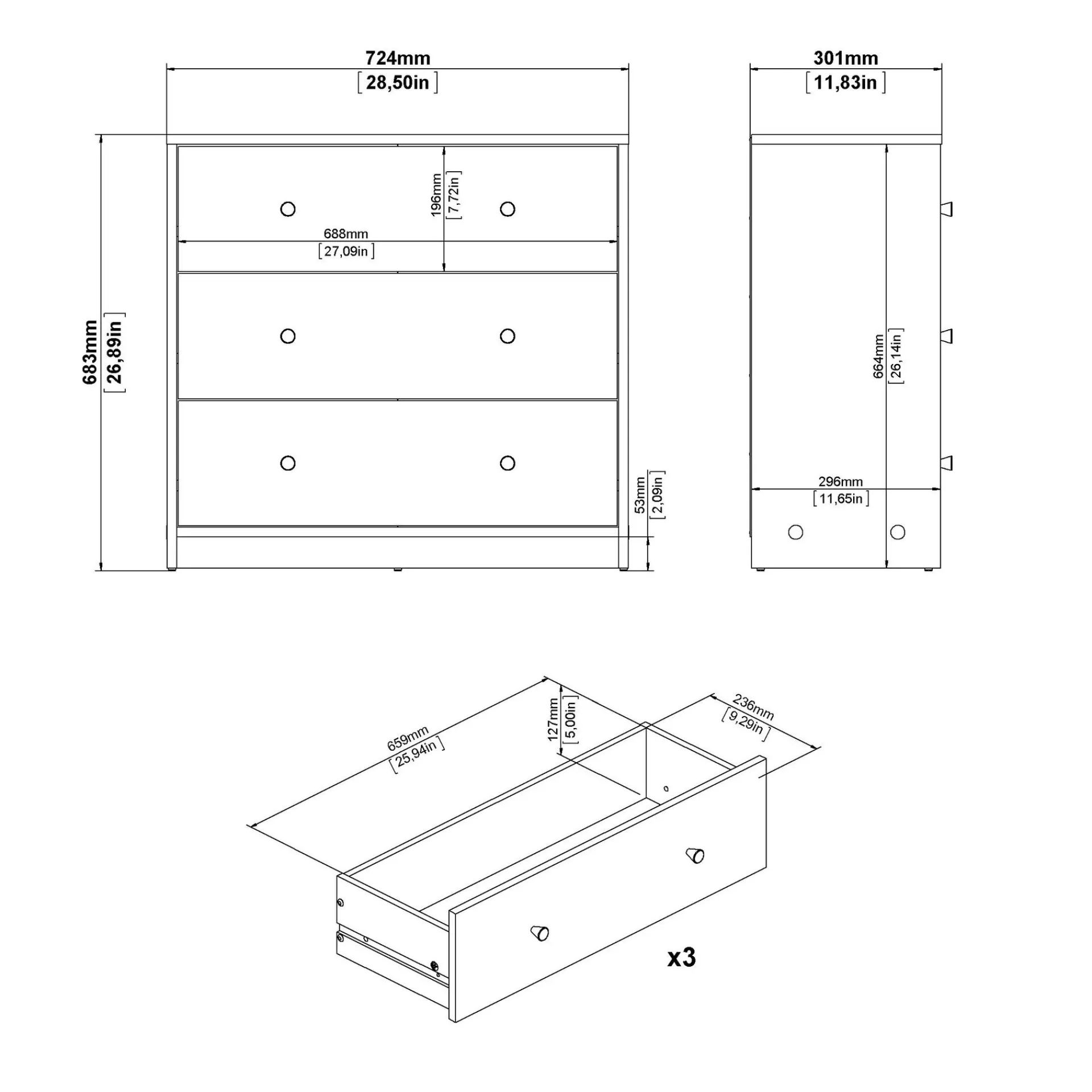 Tvilum Kommode|Gangoppbevaring-Renor Kommode 3 skuffer 72x30x68 cm Svart
