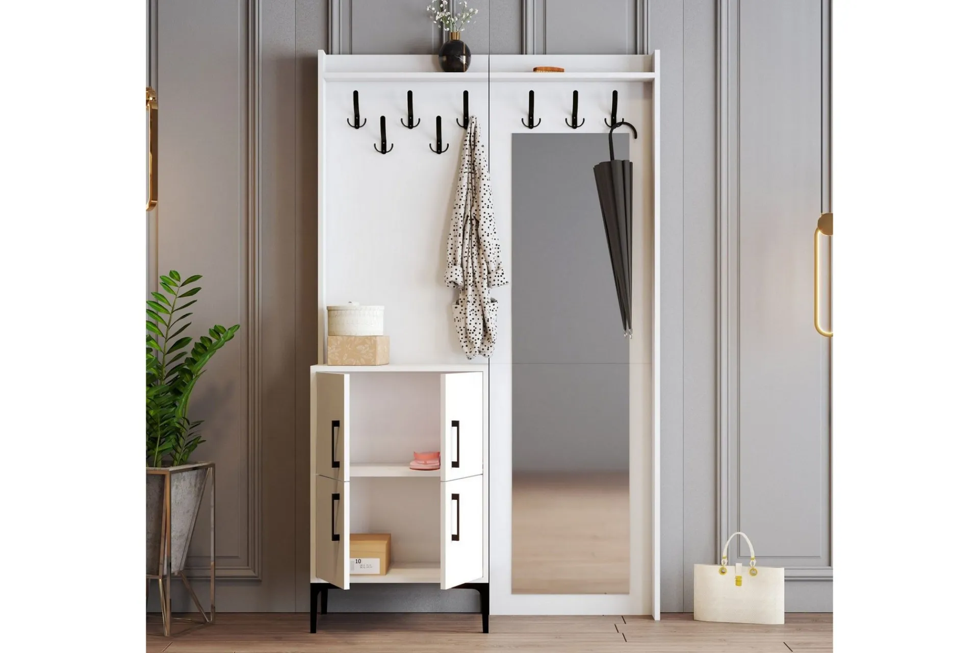 Møbelsett Til Gang & Entre|Møbelsett Til Gang & Entre-Retzow Hall møbelsett 35x120 cm med speil Hvit