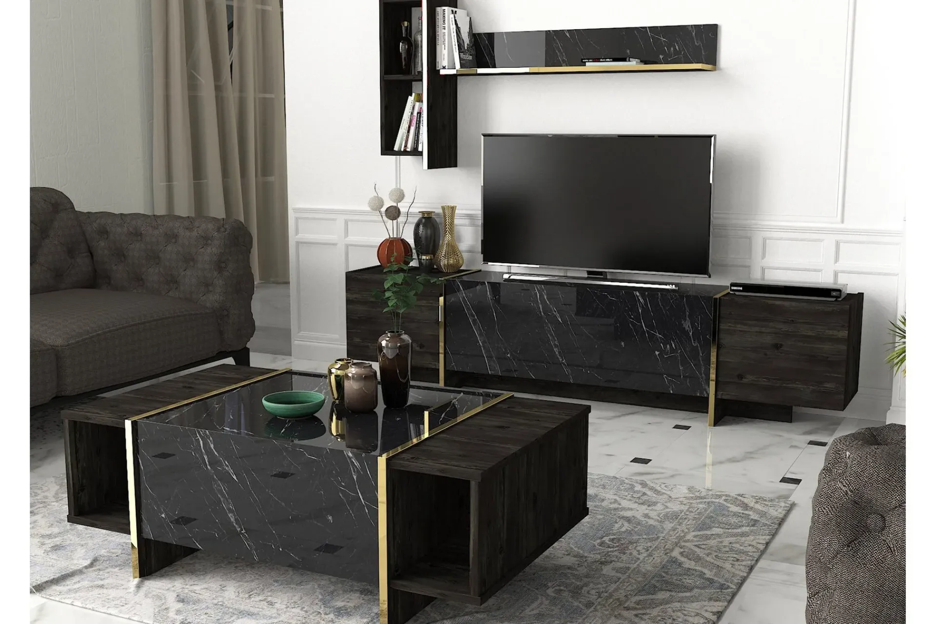 Sofabord-Riello Sofabord 104 cm med Oppbevaringshyller + Lucka Svart,Gull