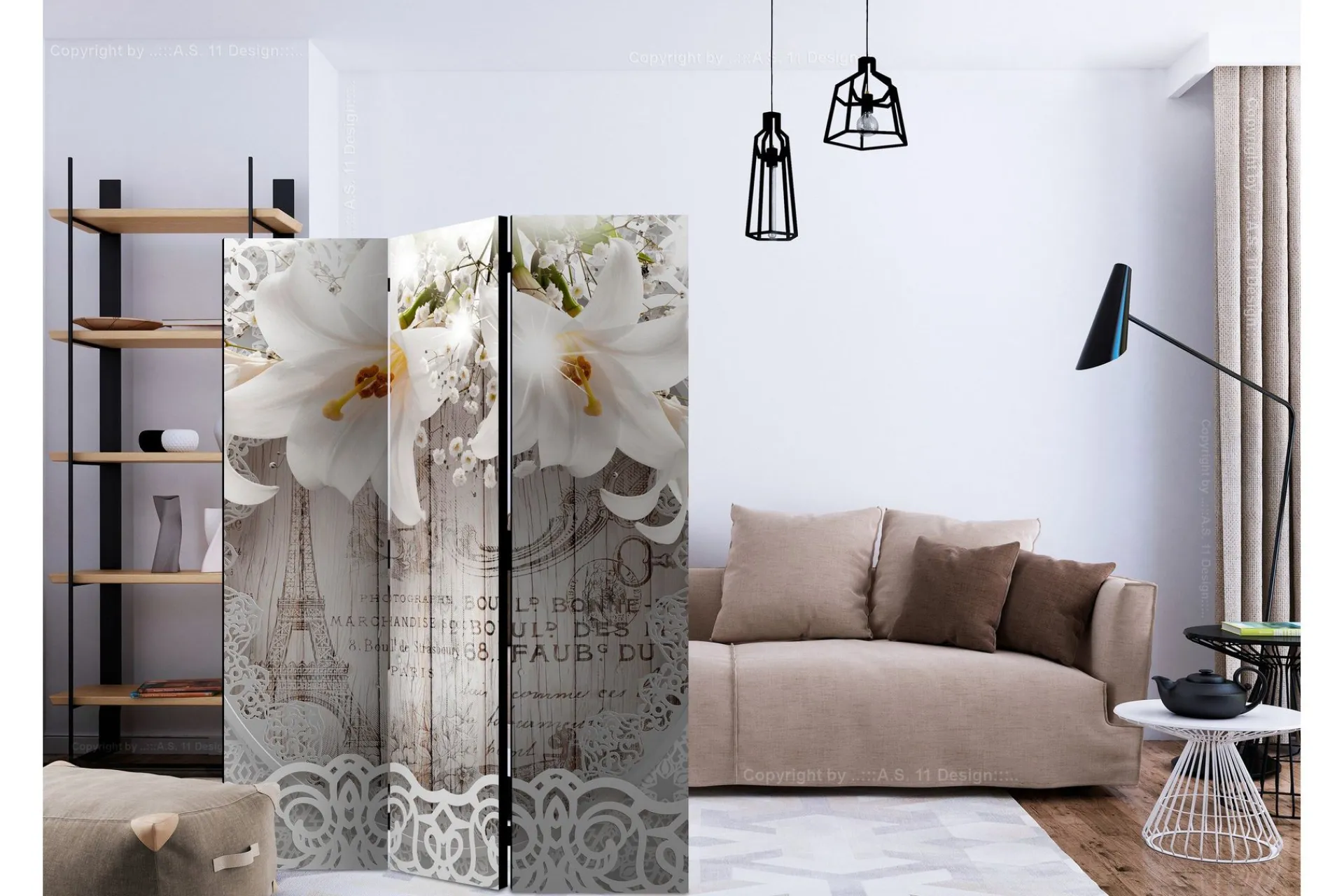 Bretteskjerm-Romdeler Lilies and Quilted Background