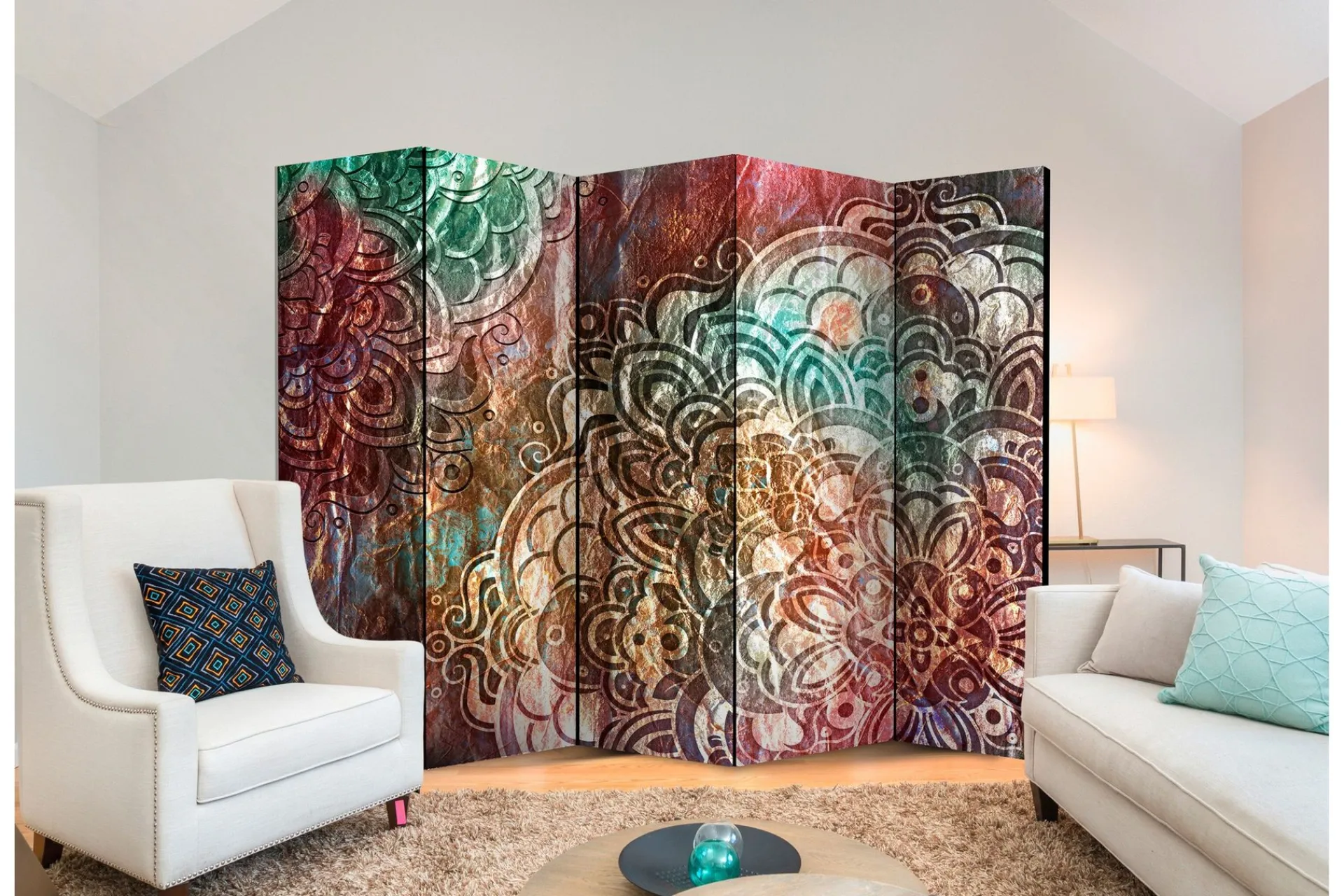 Bretteskjerm-Romdeler Mandala: Copper Garden II 222x517 cm