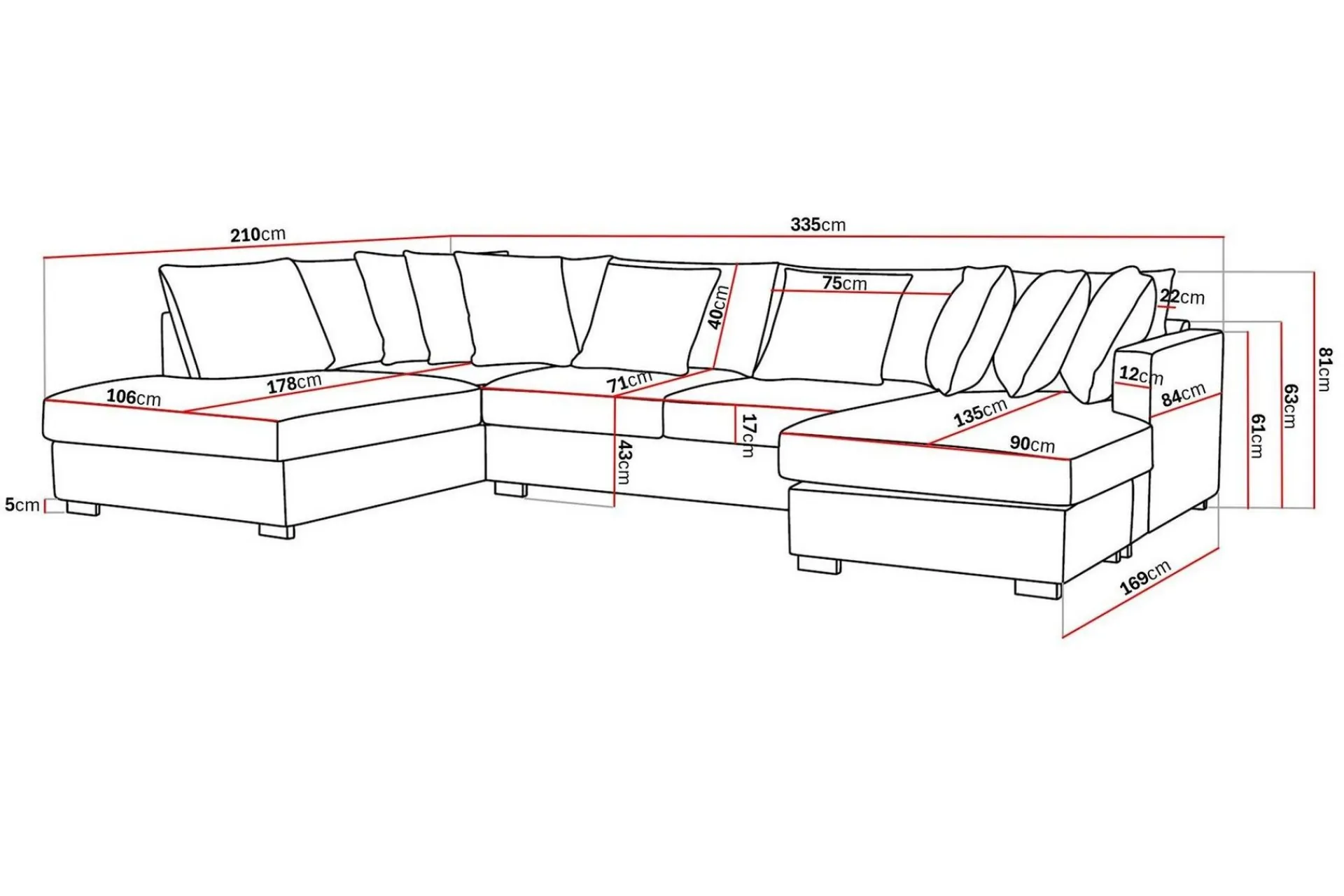 Scandinavian Choice Rossita 5-seters Venstrevendt U-formet Dyp Sofa med Divan og Sjeselong i Stoff