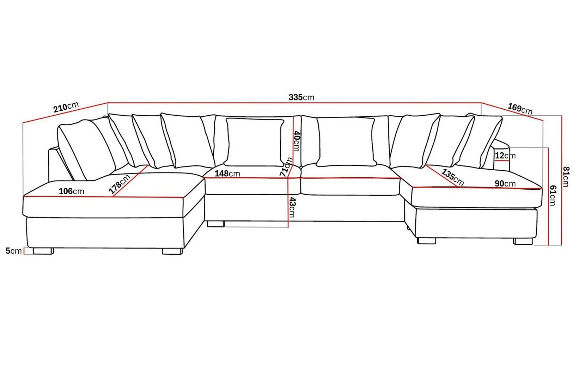 Scandinavian Choice Rossita 5-seters Venstrevendt U-formet Dyp Sofa med Divan og Sjeselong i Stoff