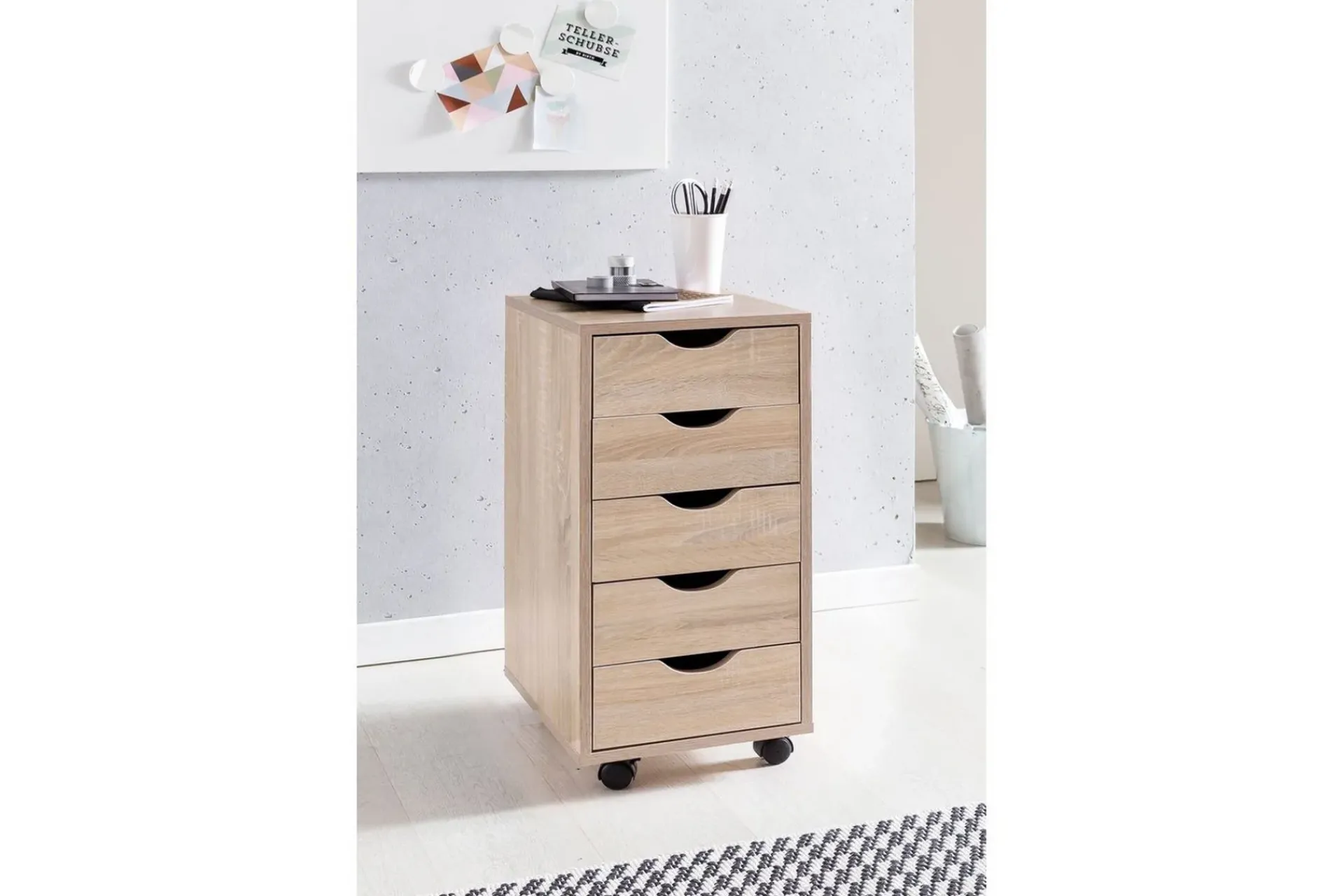 Wohnling Rullecontainer 5 skuffer foliert sponplate med hjul, moderne stil Sonoma