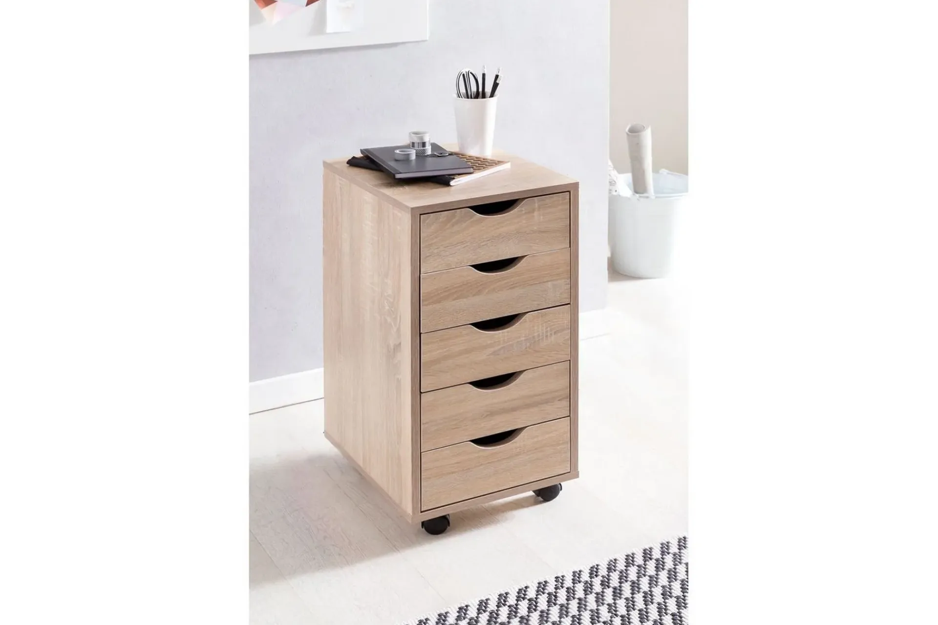 Wohnling Rullecontainer 5 skuffer foliert sponplate med hjul, moderne stil Sonoma