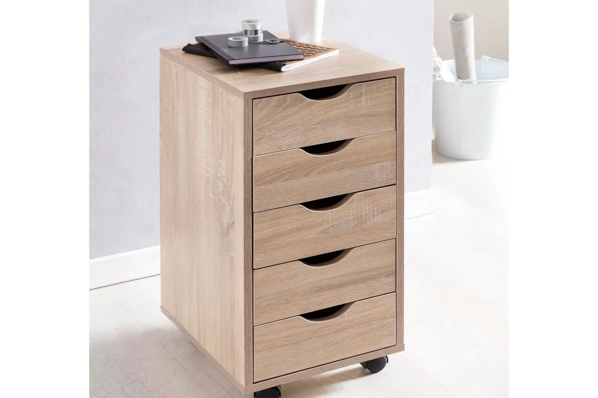 Wohnling Rullecontainer 5 skuffer foliert sponplate med hjul, moderne stil Sonoma