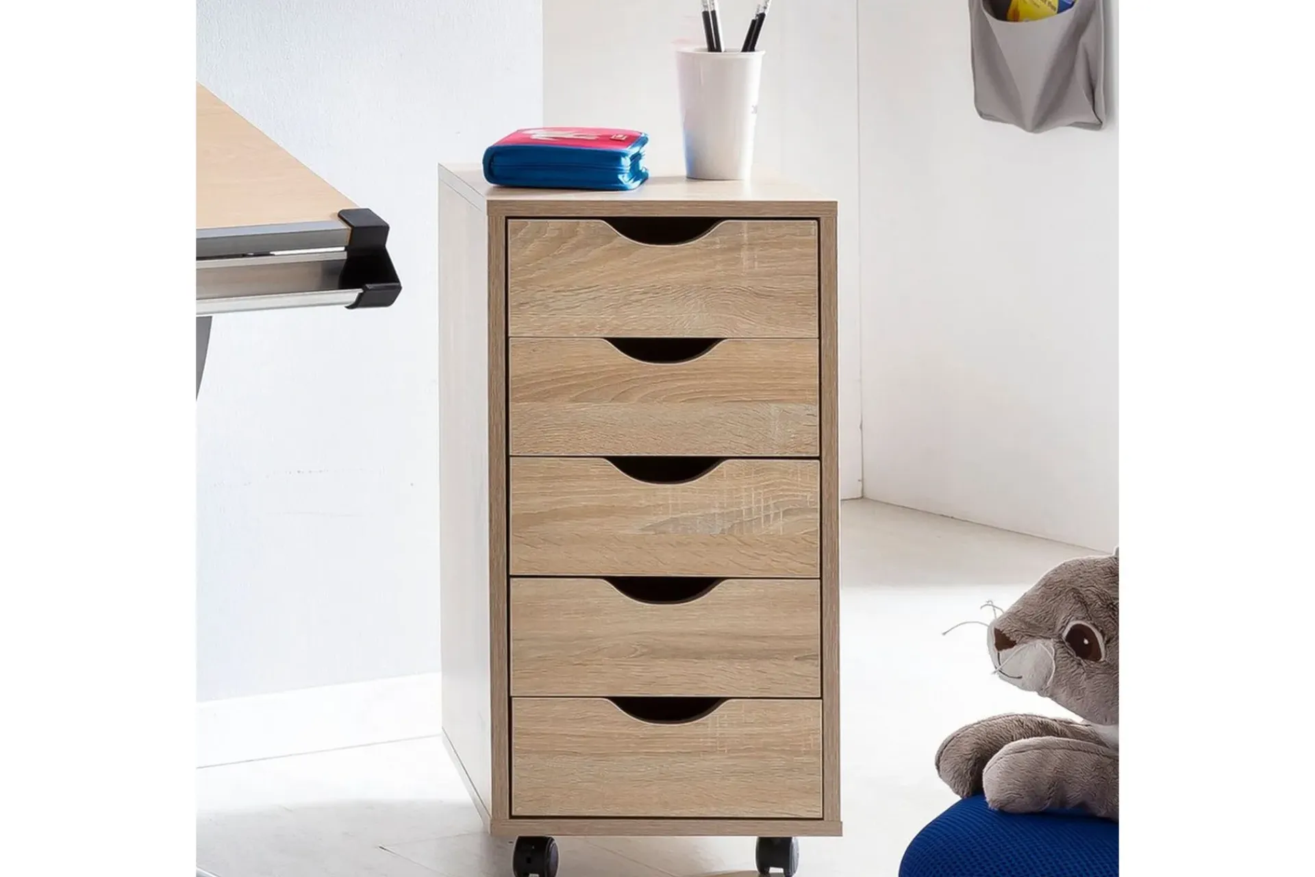 Wohnling Rullecontainer 5 skuffer foliert sponplate med hjul, moderne stil Sonoma