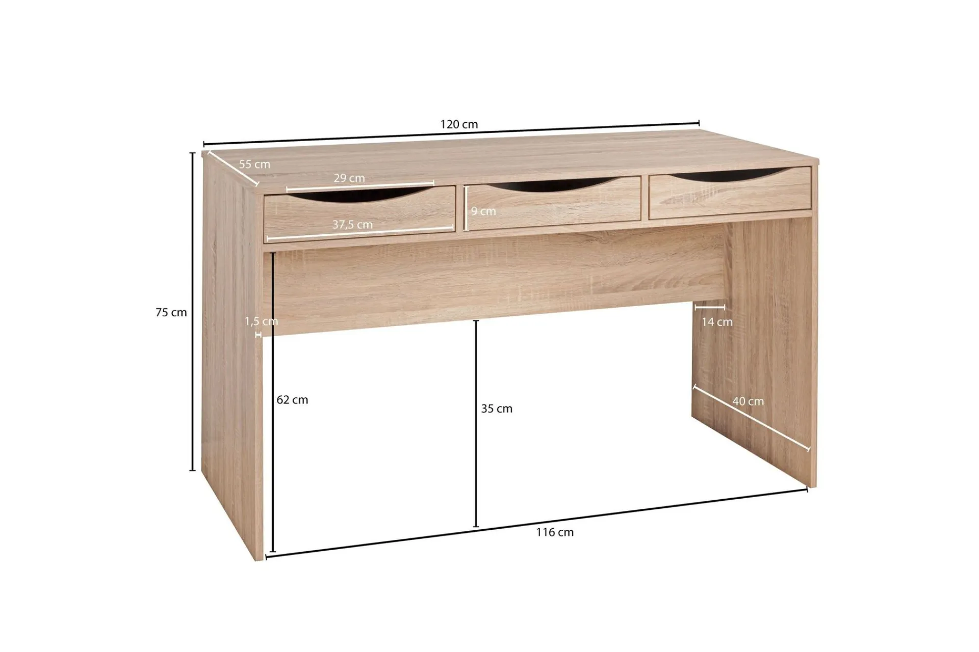 Wohnling Kontorbord-Ryea Skrivebord 120 cm med Oppbevaring 3 Skuffer Tre/Natur