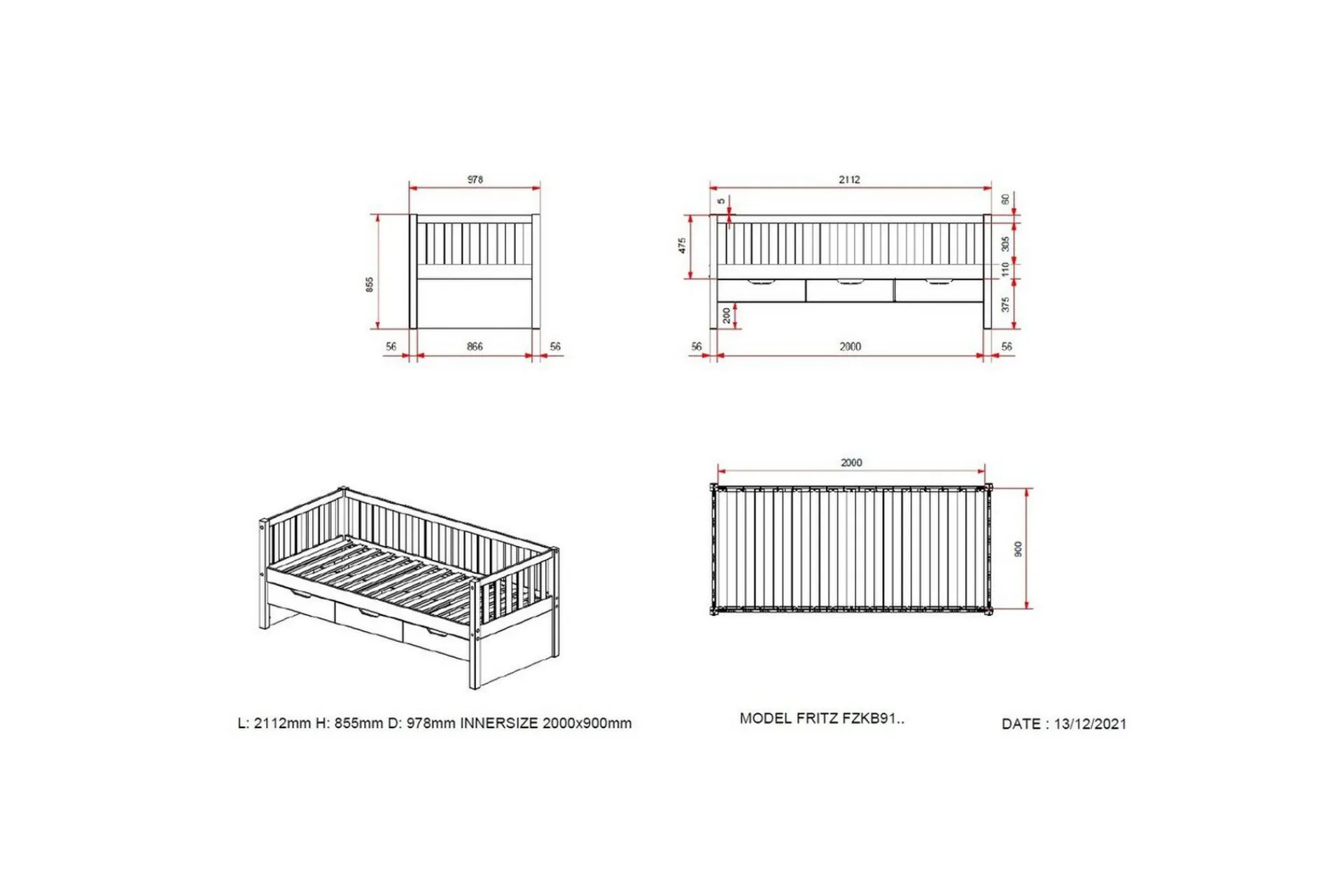 Seng Fritz med 3 skuffer og underbed Naturlig