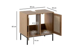 Wohnling Servantensokkel melaminbelagt MDF, eik utseende, rottingfront, metallben, moderne loftstil 1 dør, 3 skuffer