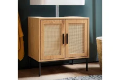 Wohnling Servantensokkel melaminbelagt MDF, eik utseende, rottingfront, metallben, moderne loftstil 1 dør, 3 skuffer