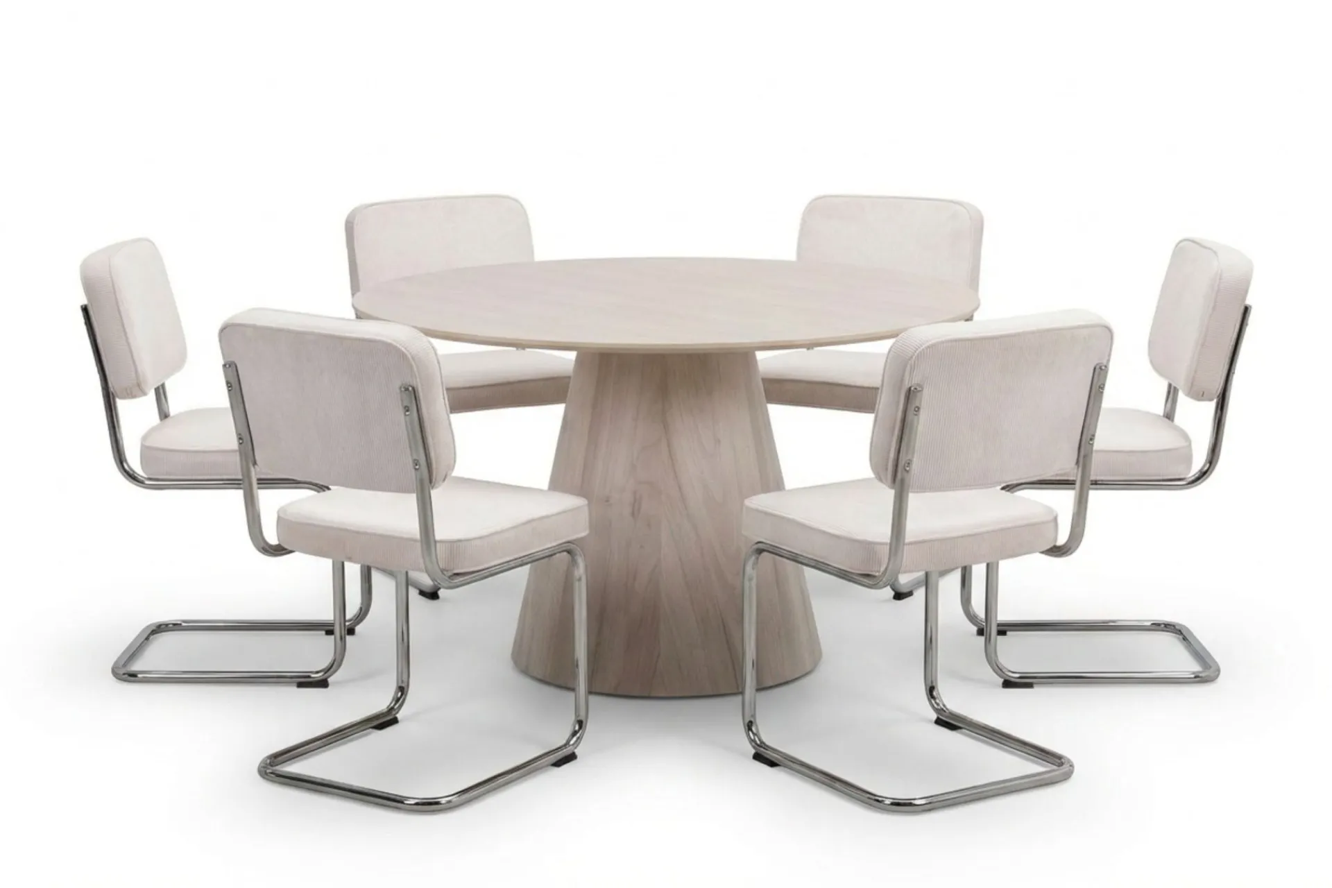 Bark Siena spisegruppe rund 130 cm med 6 Milva spisestoler