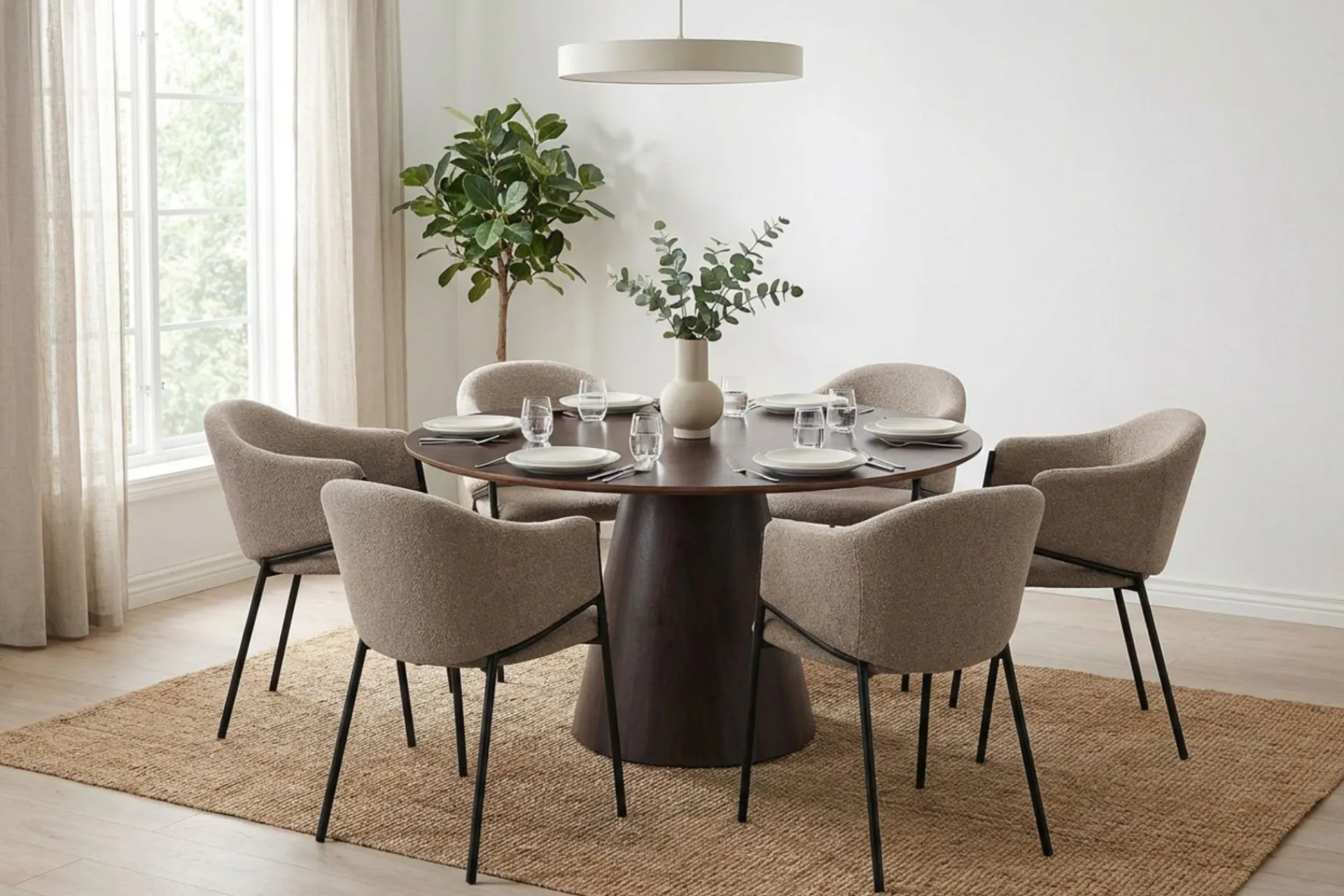 Bark Siena spisegruppe rund 150 cm med 6 Filip spisestoler